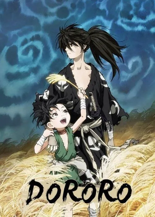 Ảnh bìa nghệ thuật anime Dororo với Hyakkimaru và Dororo giữa cánh đồng lúa mì