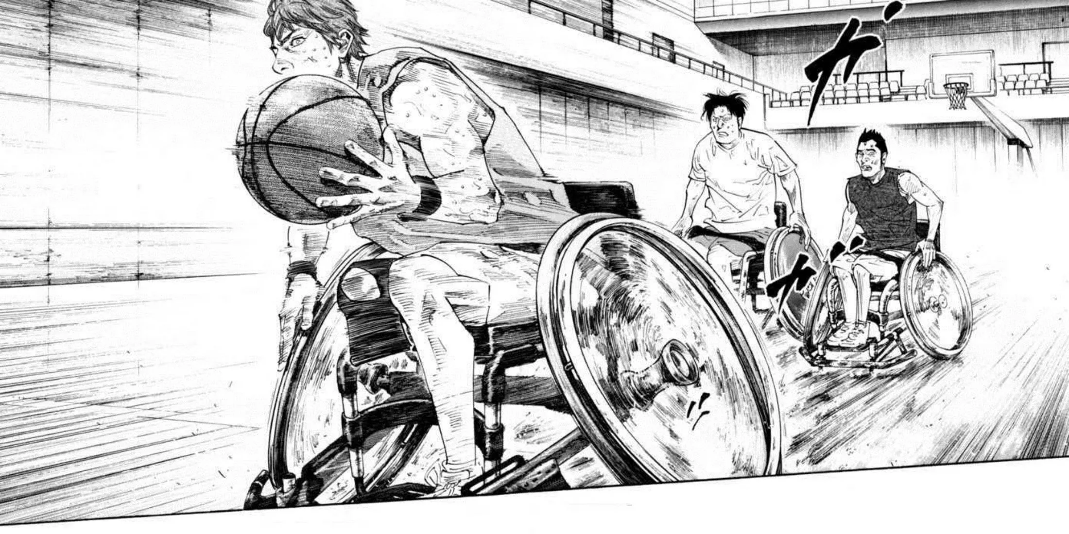 Bìa manga Real tập trung vào các nhân vật chính và bối cảnh bóng rổ lăn.