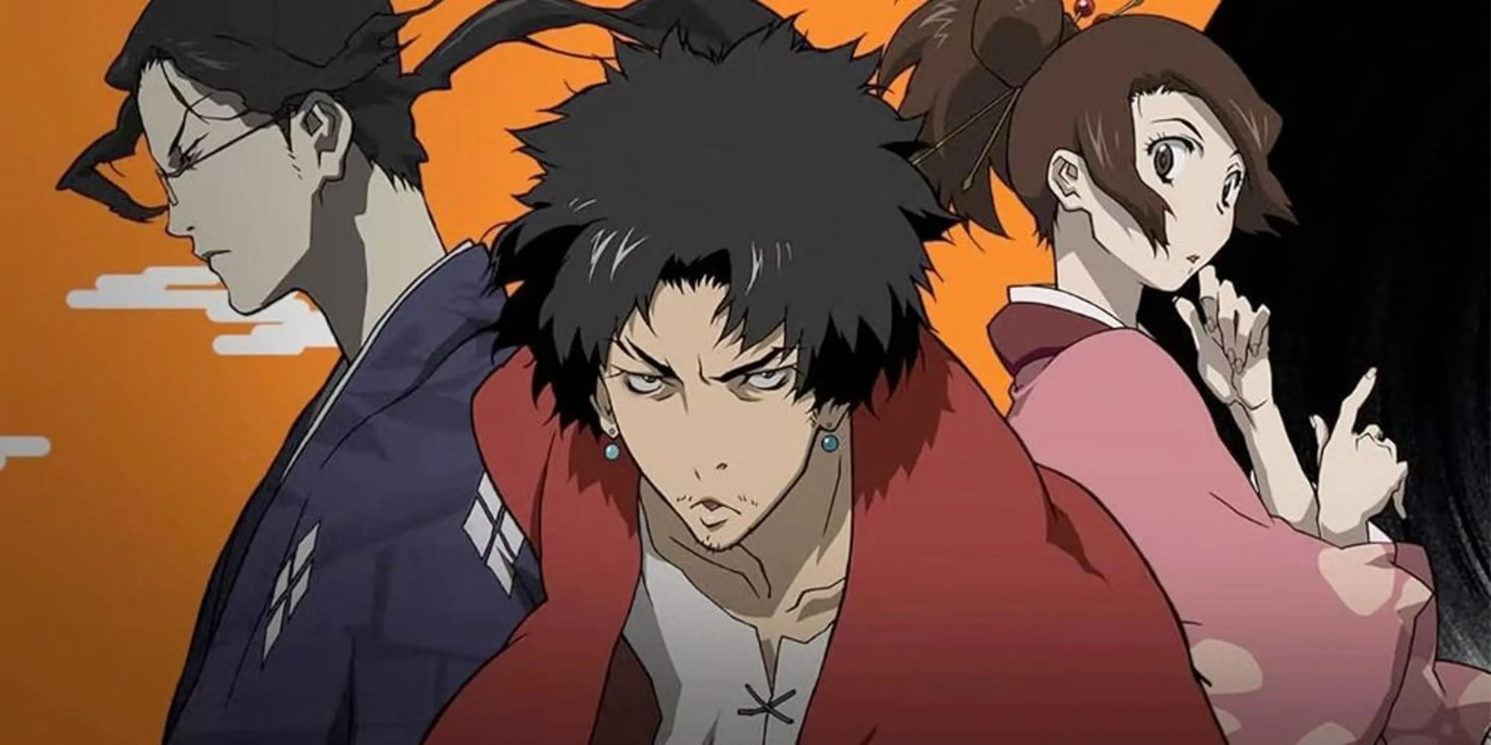 Bộ ba Mugen, Jin và Fuu cùng nhau trong một khung cảnh đặc trưng của Samurai Champloo