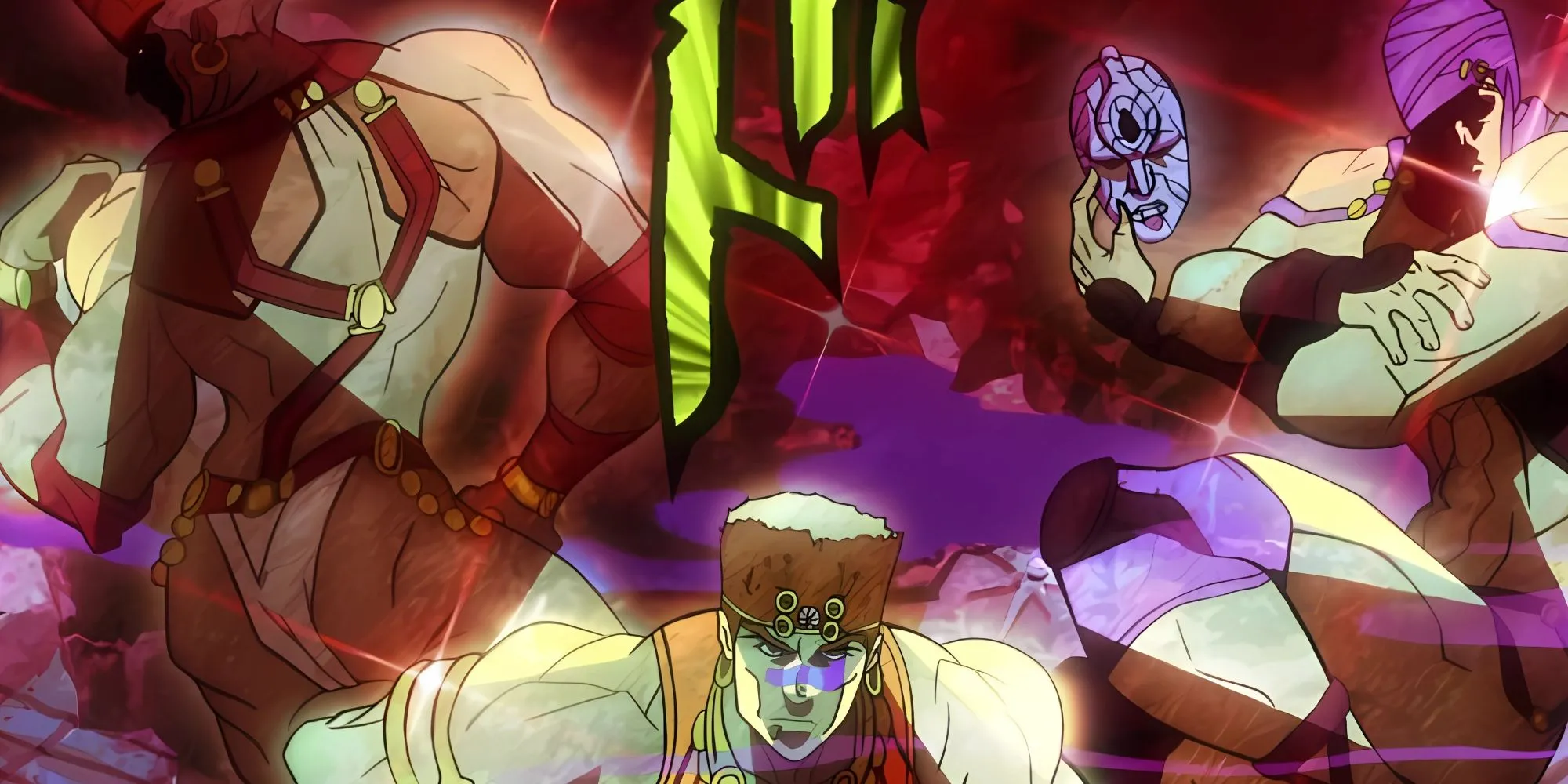Bộ ba Pillar Men (Kars, Esidisi, Wamuu) với tư thế uy nghi khi thức tỉnh trong JoJo phần Battle Tendency
