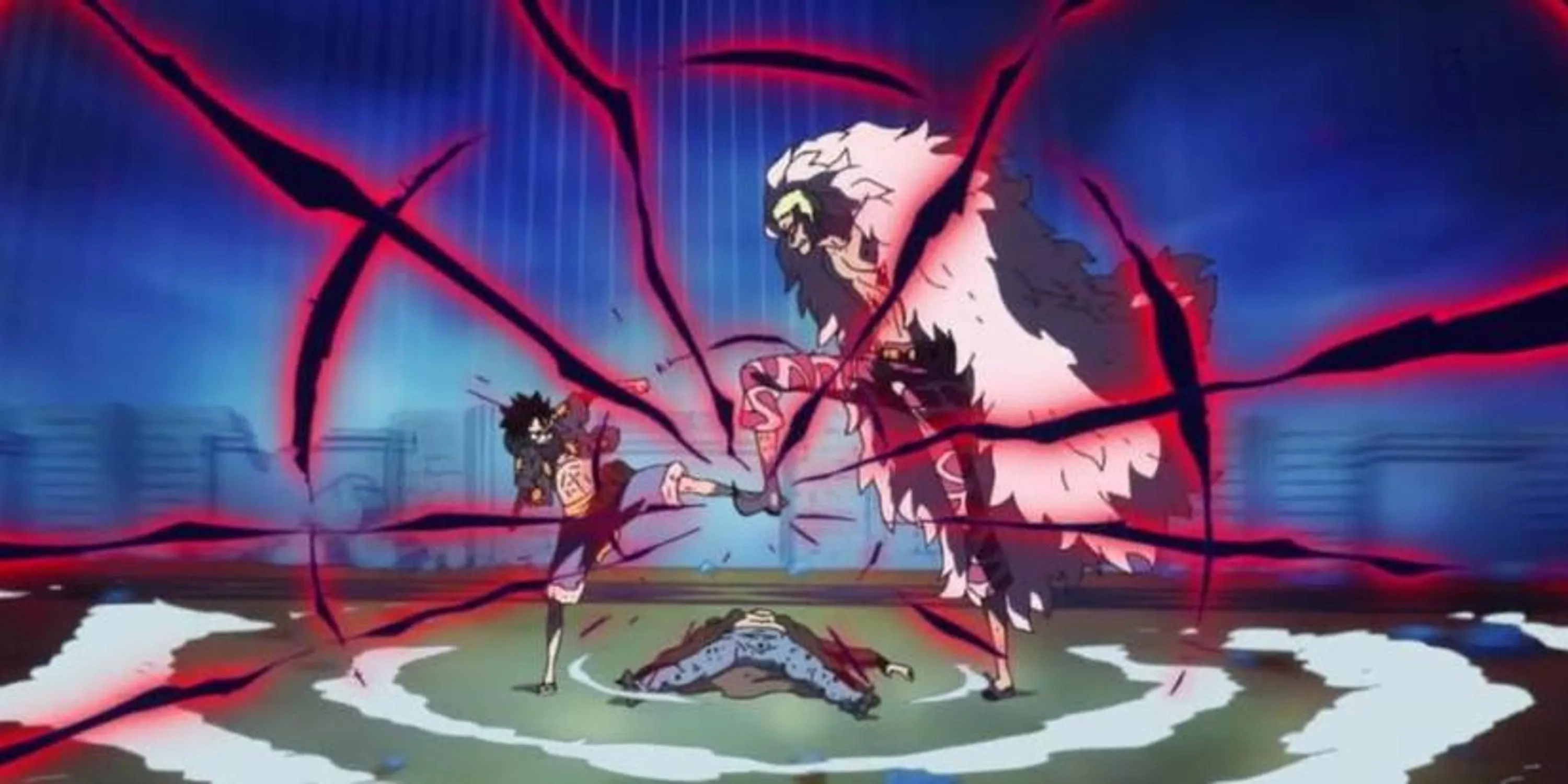 Cảnh Luffy sử dụng King Kong Gun tung cú đấm quyết định hạ gục Doflamingo tại Dressrosa trong One Piece