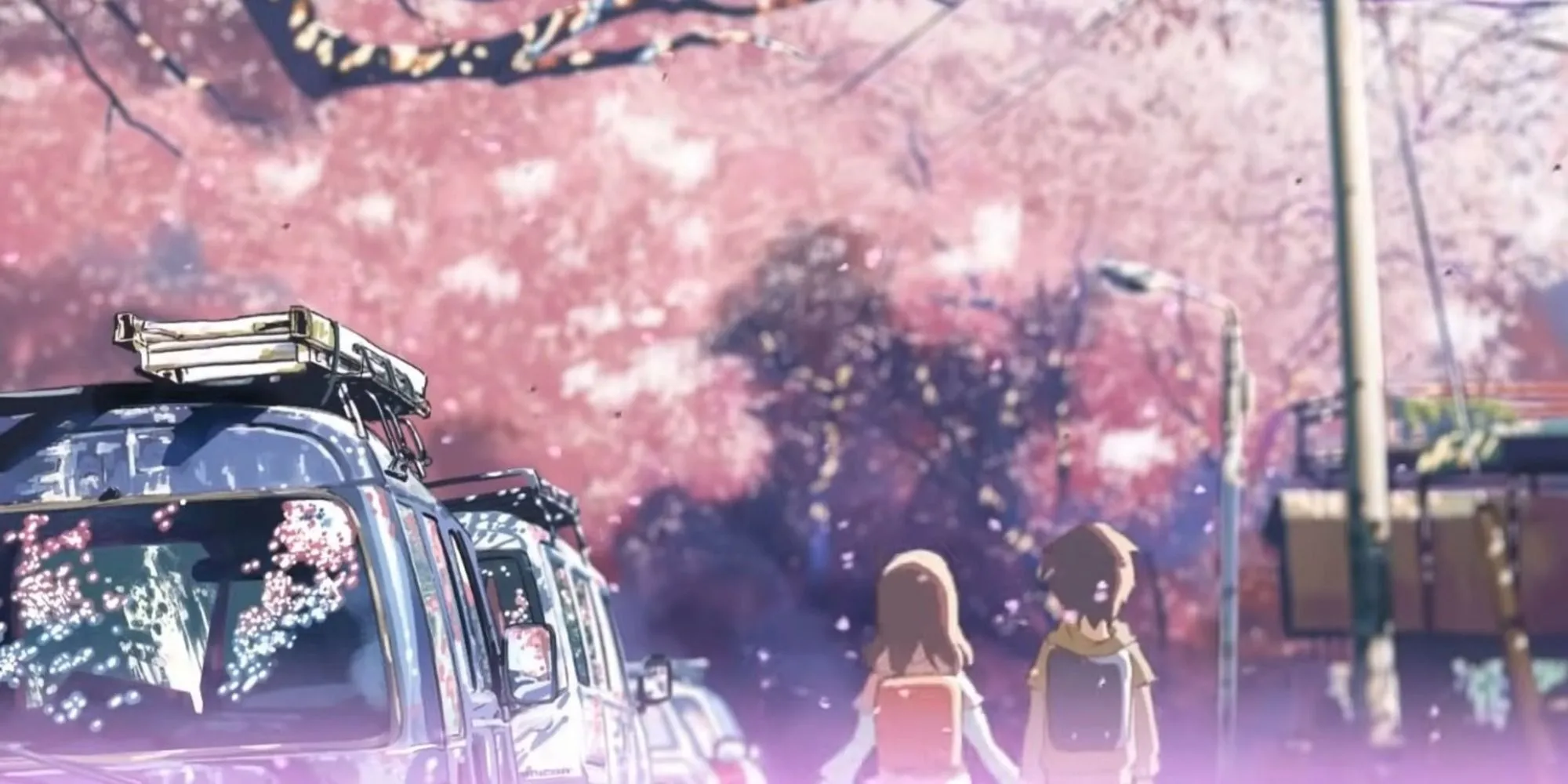Cảnh phim lãng mạn trong 5 Centimeters Per Second (5 Centimet trên Giây), bộ phim về khoảng cách và tình yêu