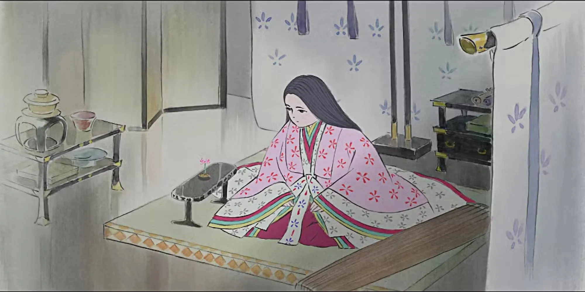 Công chúa Kaguya ngồi buồn một mình, thể hiện nỗi lòng nhớ quê trong phim Chuyện Công Chúa Kaguya