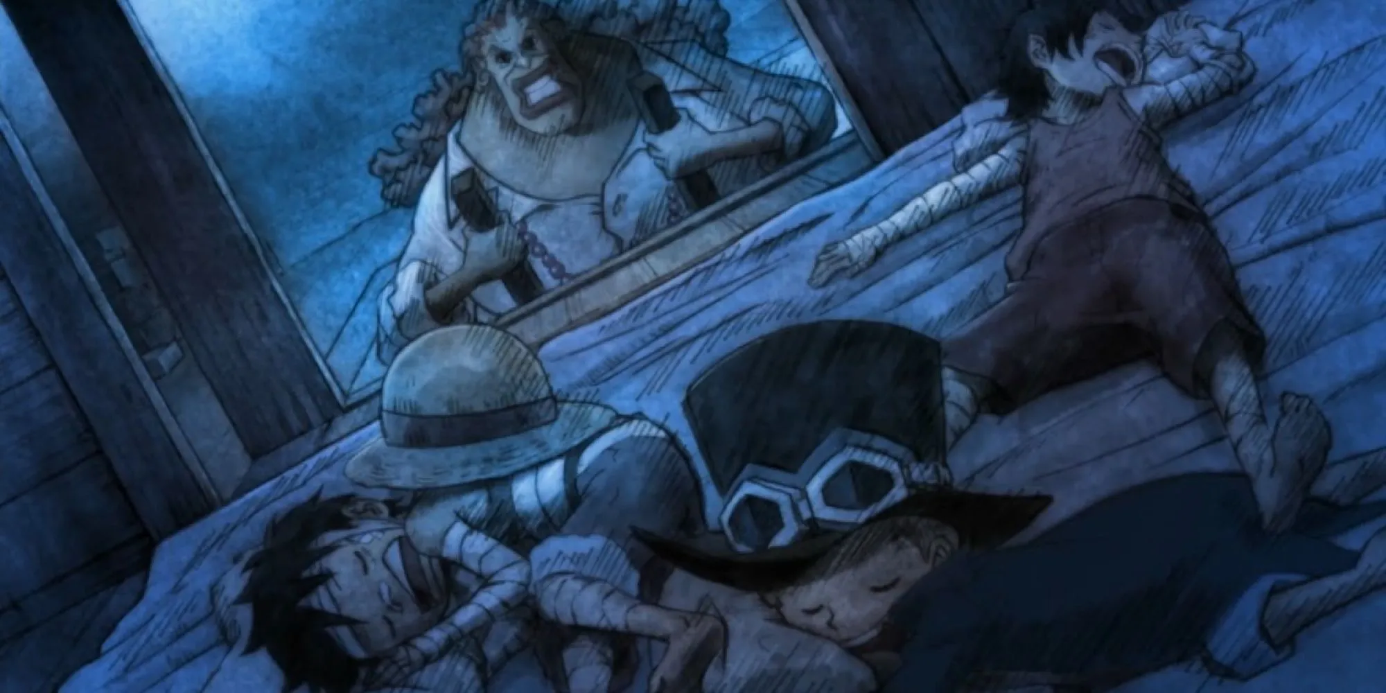Dadan và ba anh em kết nghĩa Luffy, Ace, Sabo thời thơ ấu