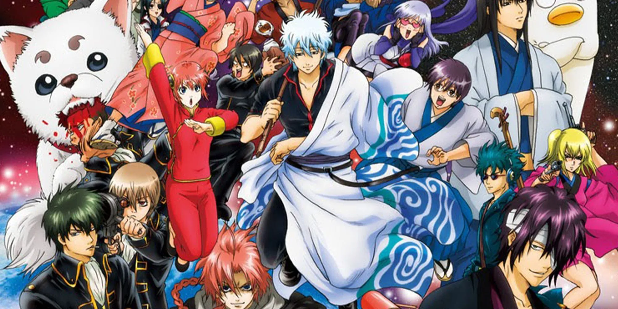 Dàn nhân vật chính của Gintama đứng cùng nhau trên nền không gian.