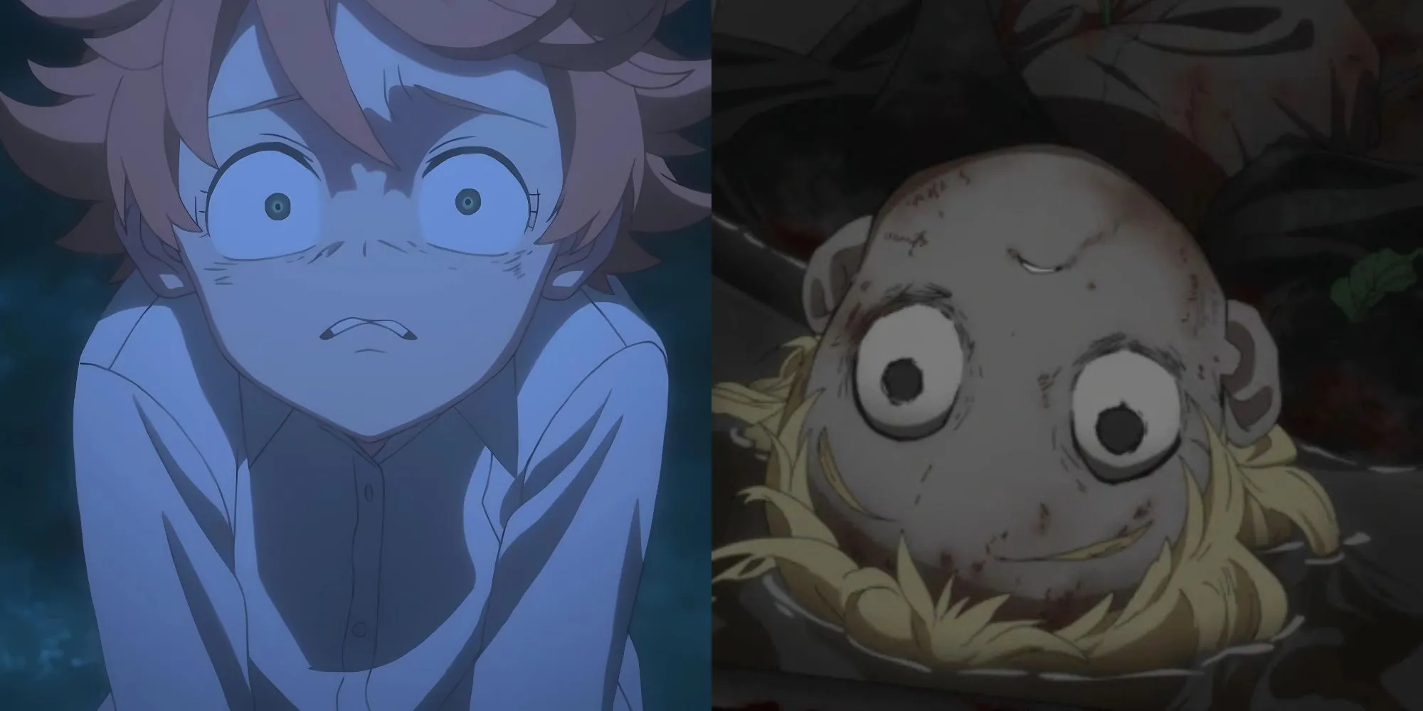 Emma, Norman và Ray nhìn chằm chằm vào thứ gì đó gây sốc tại cánh cổng trong tập đầu The Promised Neverland