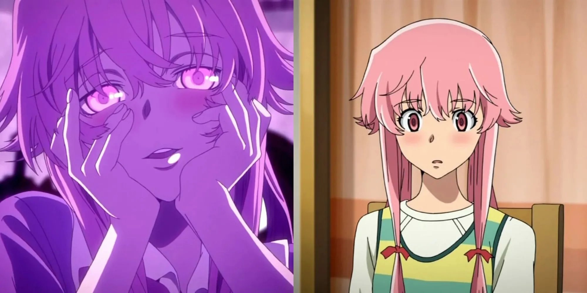 Gasai Yuno trong Future Diary với ánh mắt cuồng loạn, mái tóc hồng biểu tượng của sự ám ảnh tình yêu điên rồ