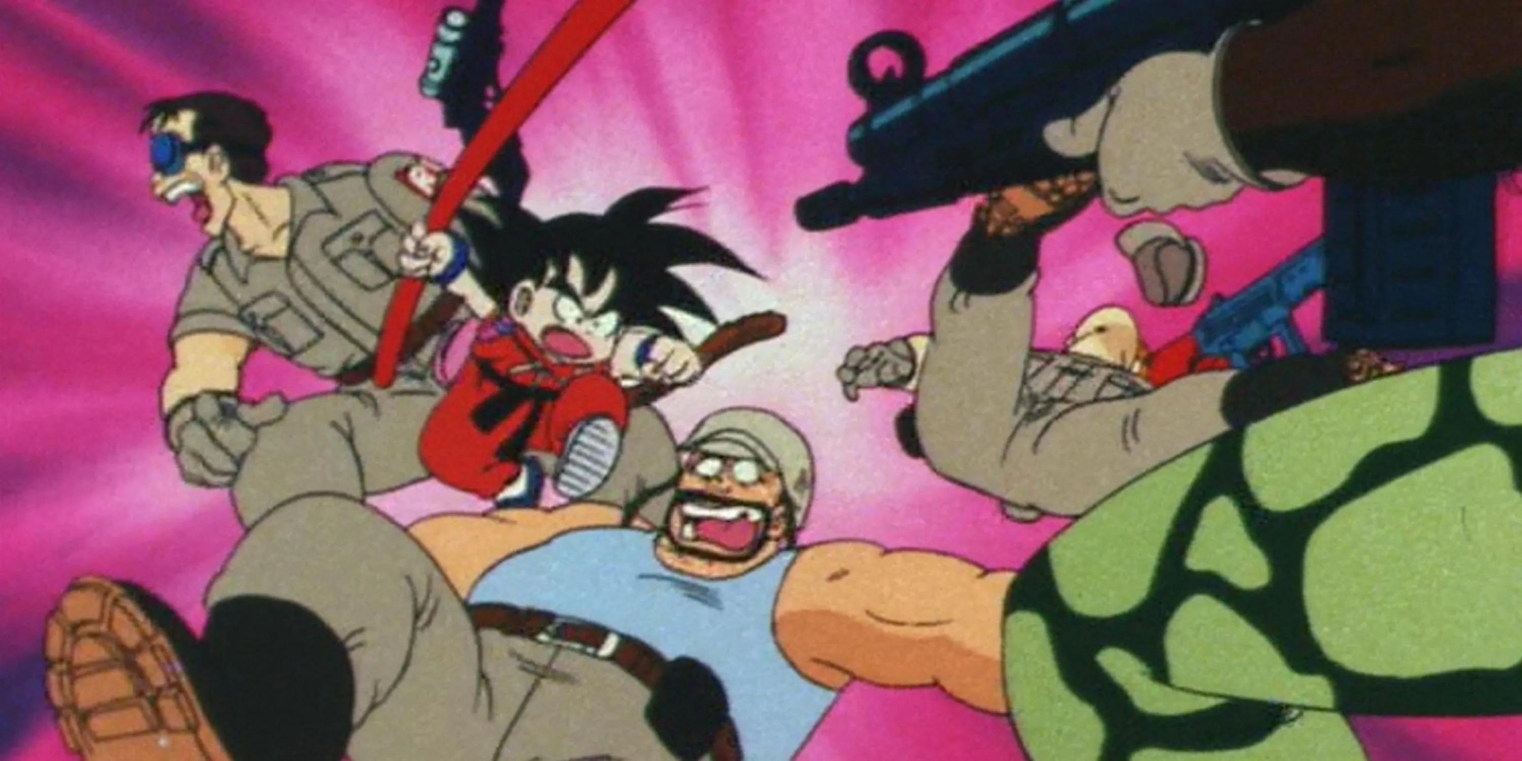 Goku (thời nhỏ) sử dụng gậy Như Ý chống lại Quân đoàn Red Ribbon trong anime Dragon Ball