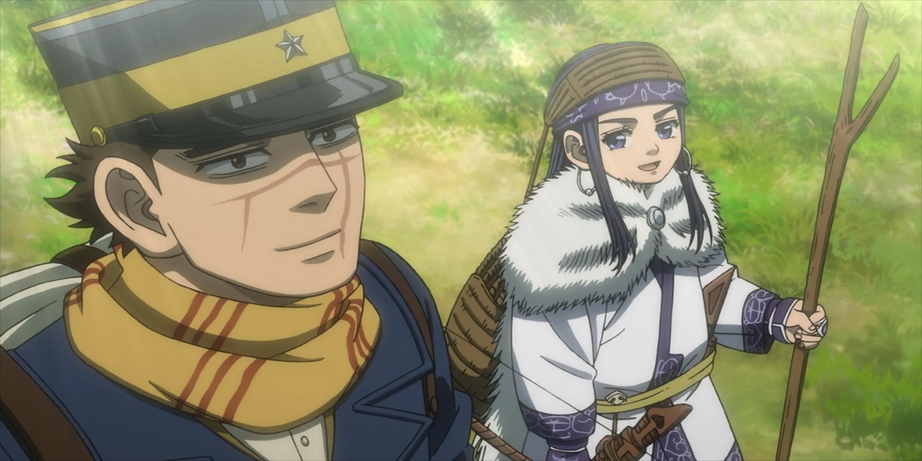 Golden Kamuy anime với các nhân vật chính Sugimoto và Asirpa giữa bối cảnh thiên nhiên khắc nghiệt