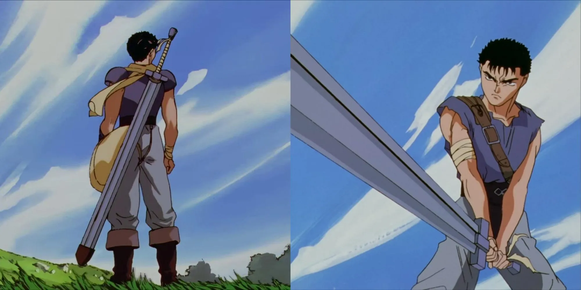 Guts trong phiên bản anime Berserk 1997, cầm thanh đại kiếm Dragonslayer trong tư thế chiến đấu mạnh mẽ.