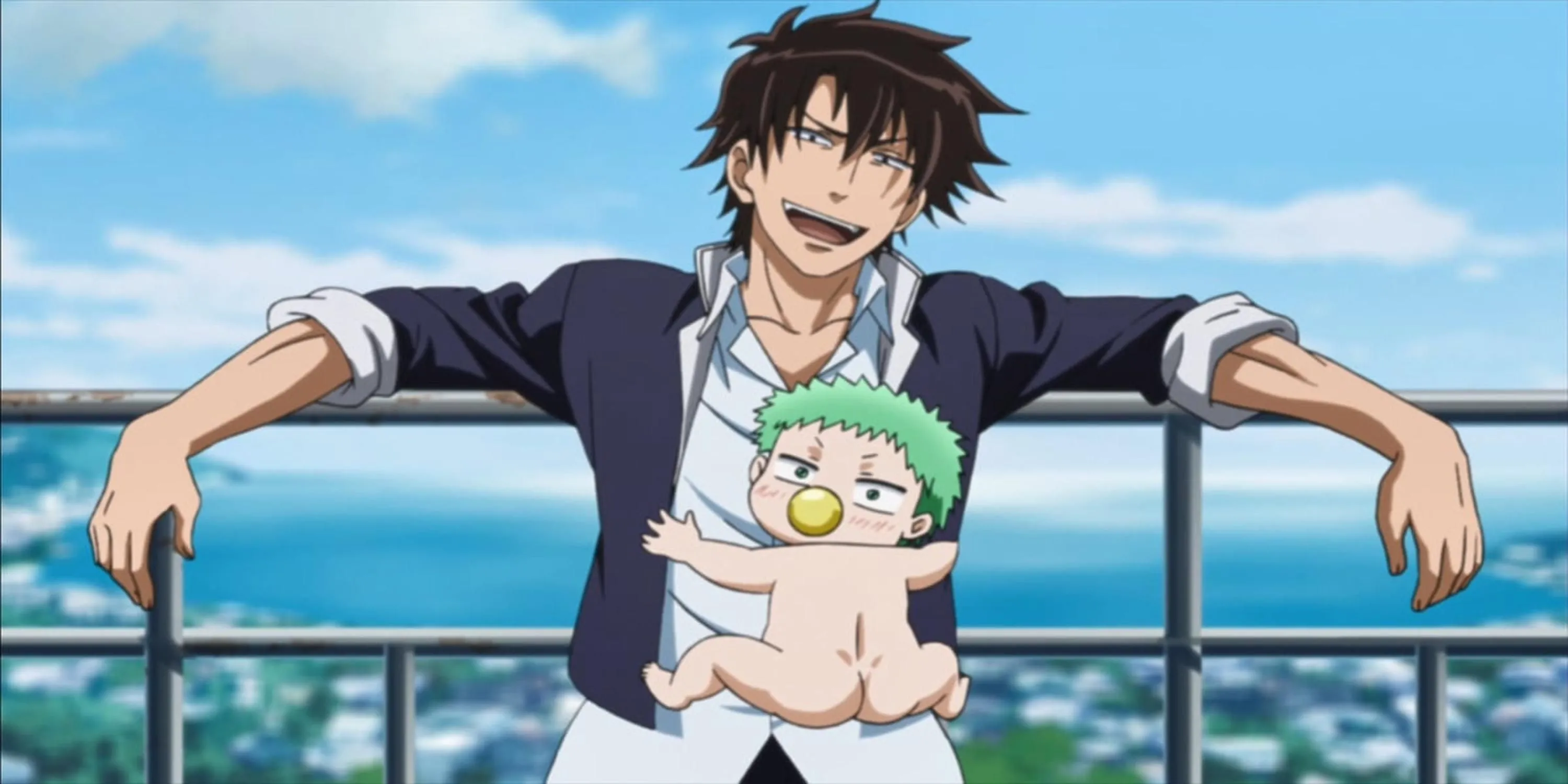 Hình ảnh Oga và Baby Beel trong anime Beelzebub, nổi tiếng với yếu tố hài hước và hành động.