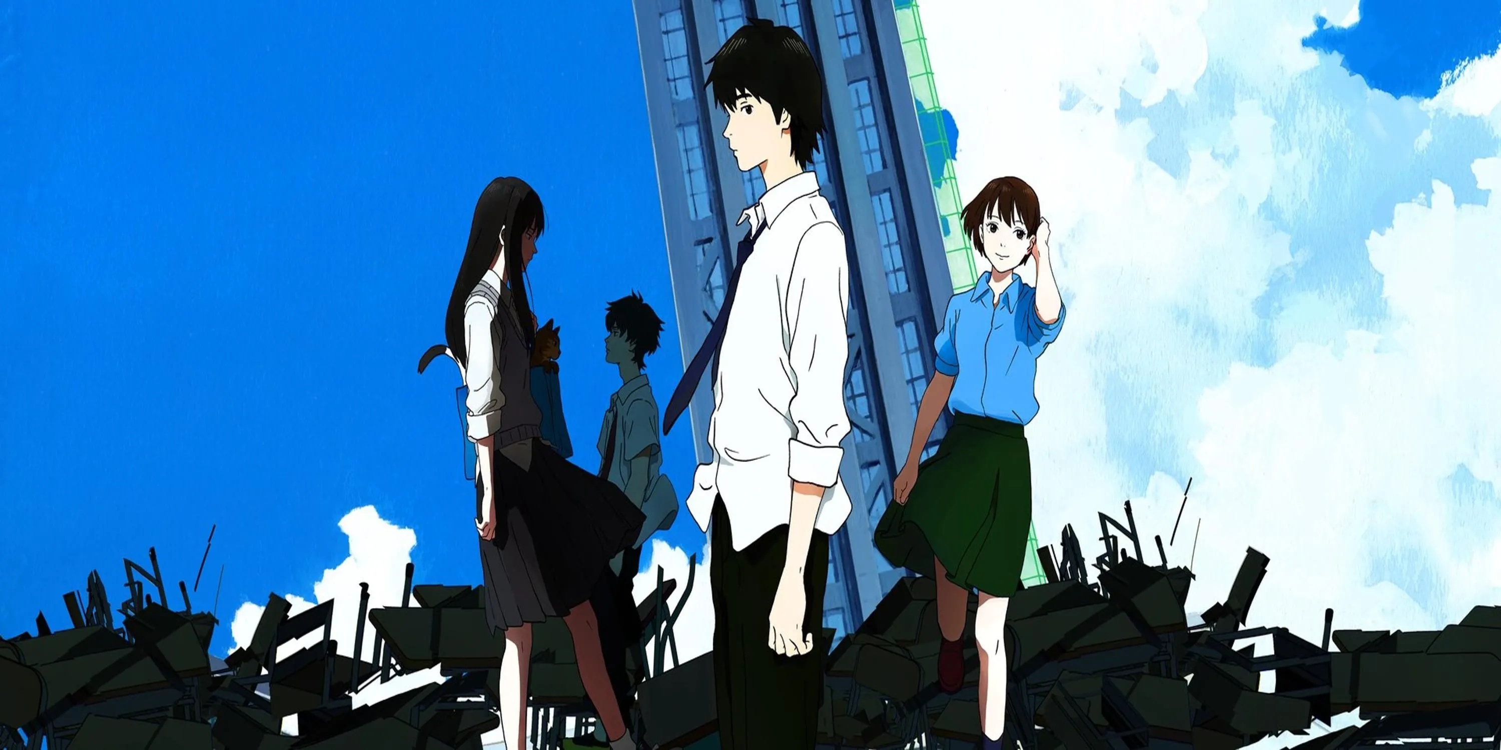 Hình ảnh siêu thực từ anime Sonny Boy của Madhouse, thể hiện nhóm học sinh trôi dạt trong không gian kỳ lạ