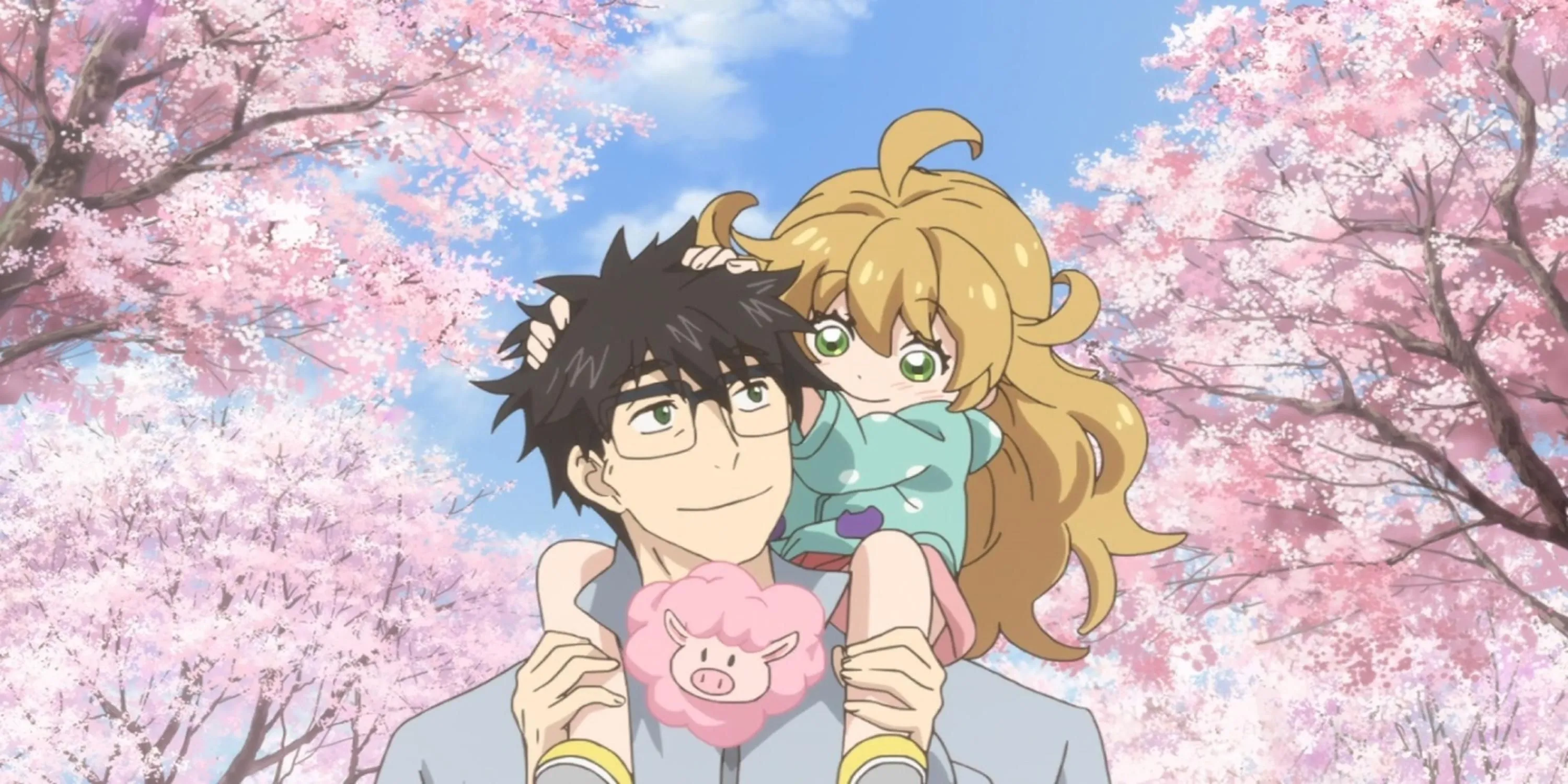 Hình ảnh thầy giáo Kouhei và con gái Tsumugi cùng nấu ăn trong Sweetness and Lightning, một anime về gia đình và ẩm thực.