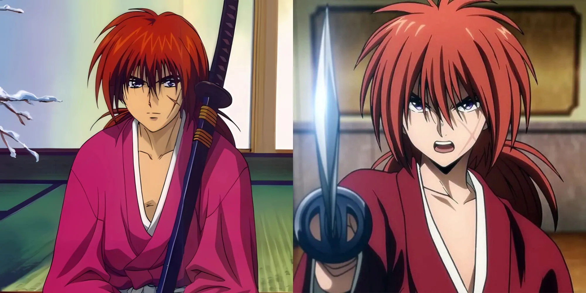 Hitokiri Battousai (Kenshin khi còn là sát thủ) trong cảnh anime Rurouni Kenshin: Trust &amp; Betrayal, thể hiện sự tàn khốc.