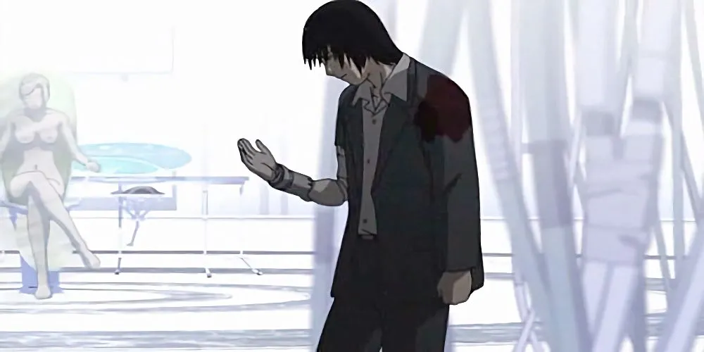 Ichise với cánh tay máy Texhnolyze nhìn lên trong anime Texhnolyze