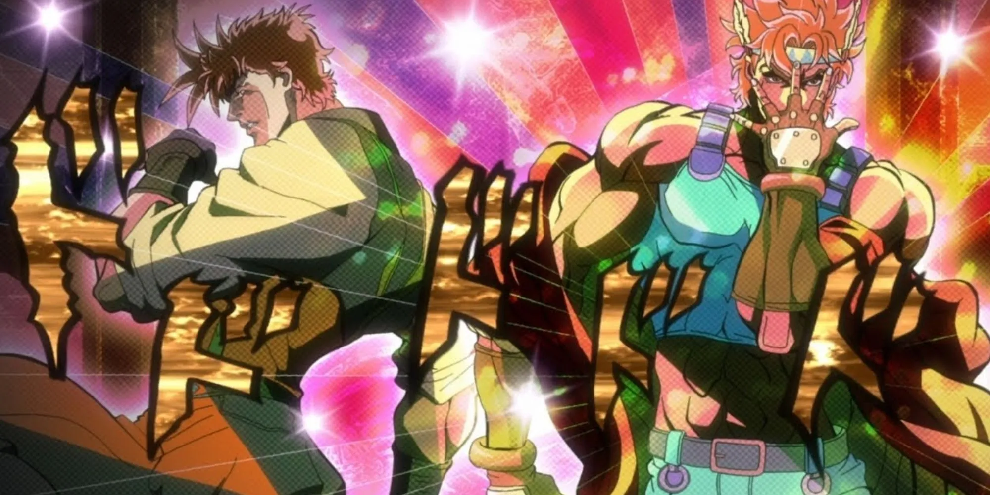 Joseph Joestar và Caesar Zeppeli tạo dáng dựa lưng vào nhau biểu tượng cho tình bạn trong JoJo phần Battle Tendency