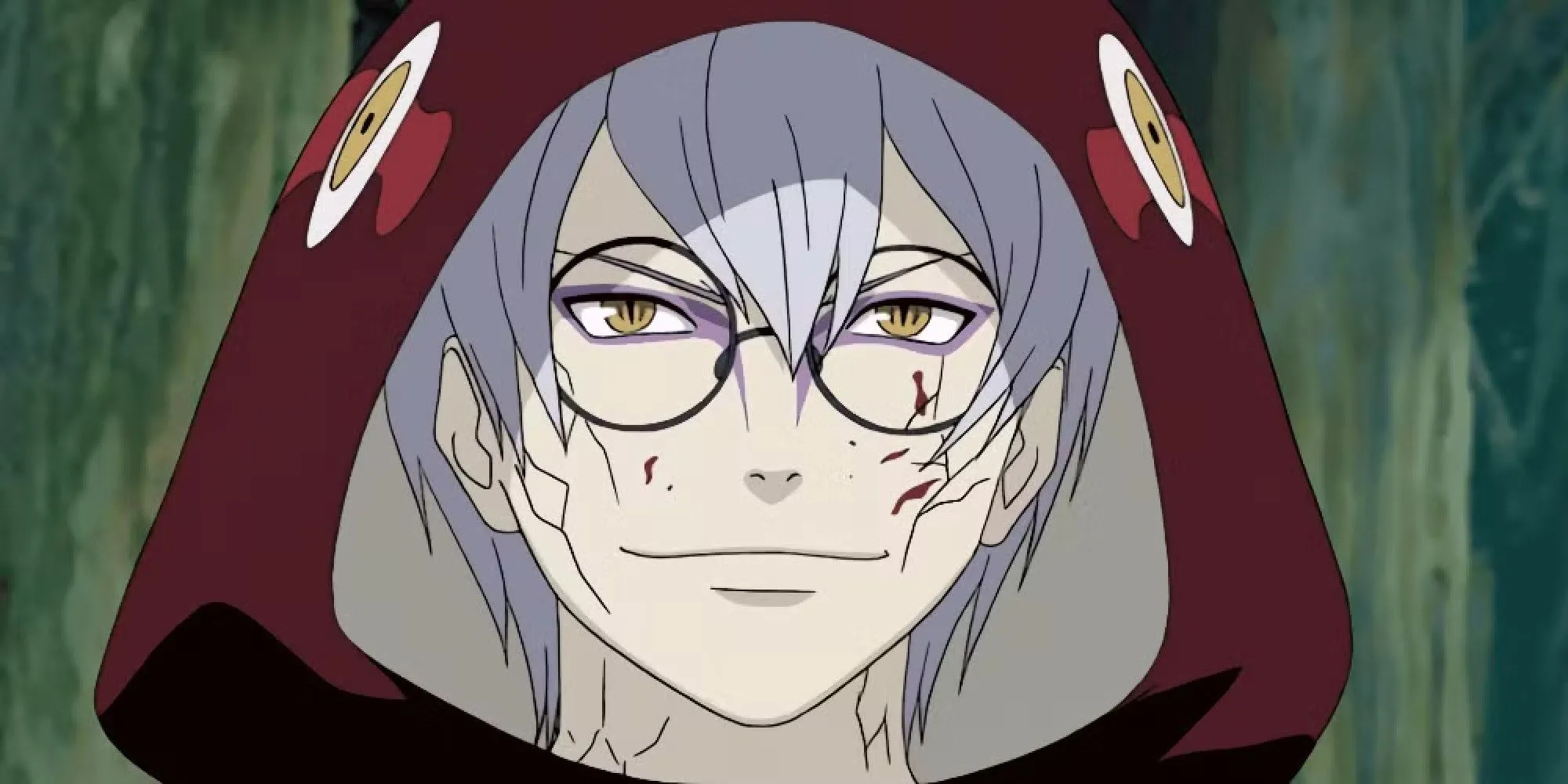Kabuto Yakushi với kính và mái tóc bạc trong Naruto