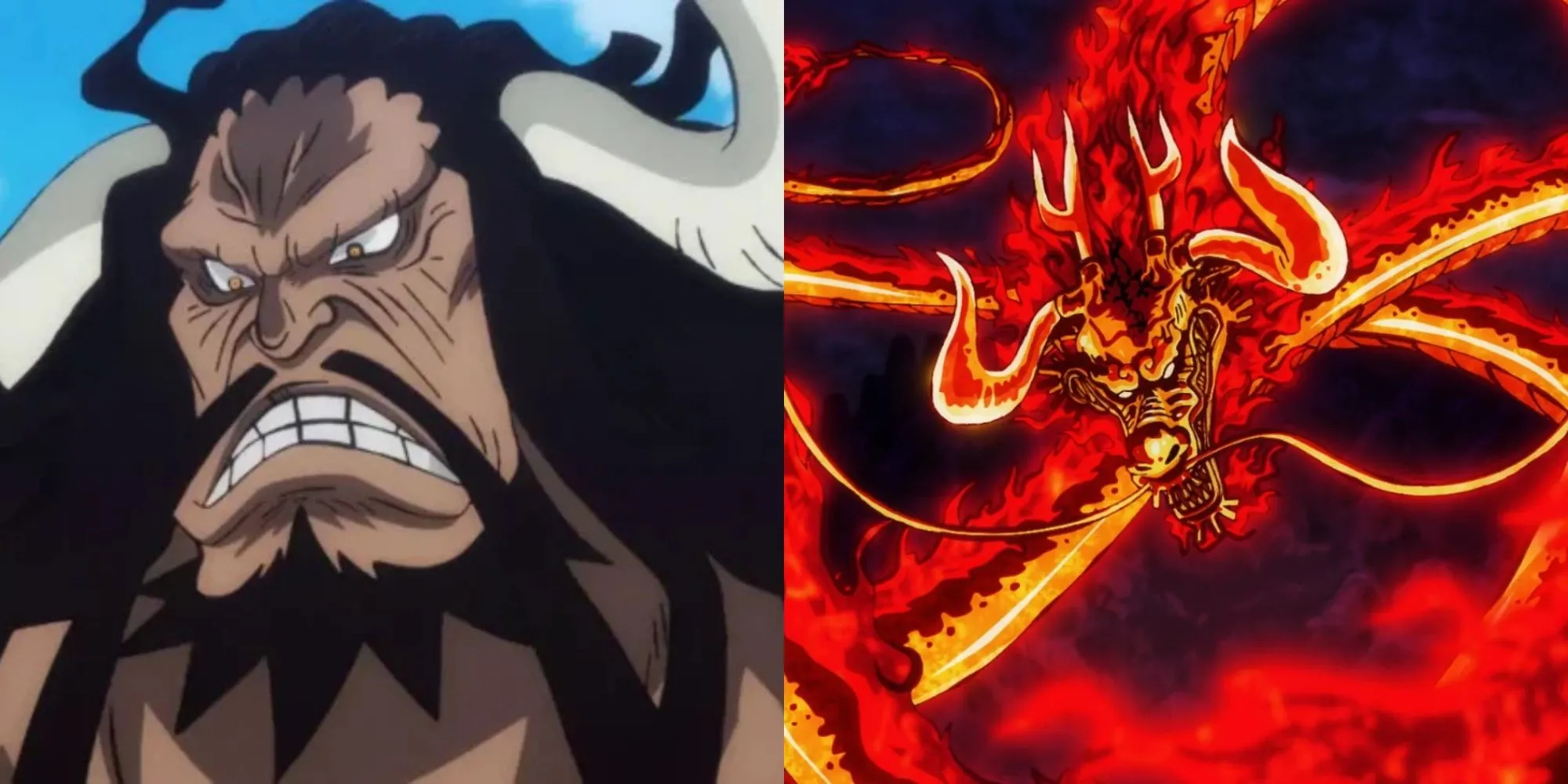 Kaido ở dạng Rồng tung đòn Hỏa Long Bát Quái (Kaen Hakke) bao phủ bởi Haki Bá Vương nhằm vào Luffy trong trận chiến tại Wano trong One Piece.