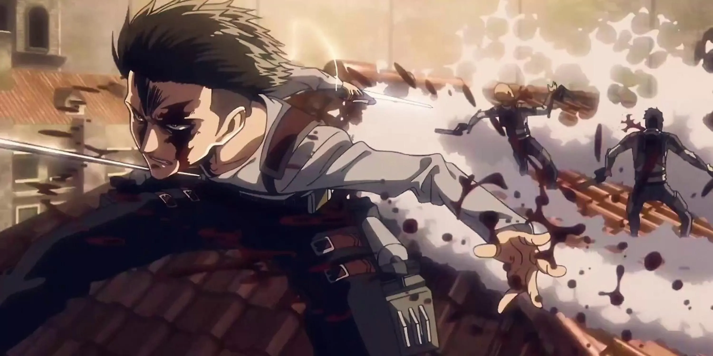 Levi Ackerman sử dụng bộ cơ động 3D để né tránh và tấn công trong cảnh chiến đấu solo ở Attack on Titan