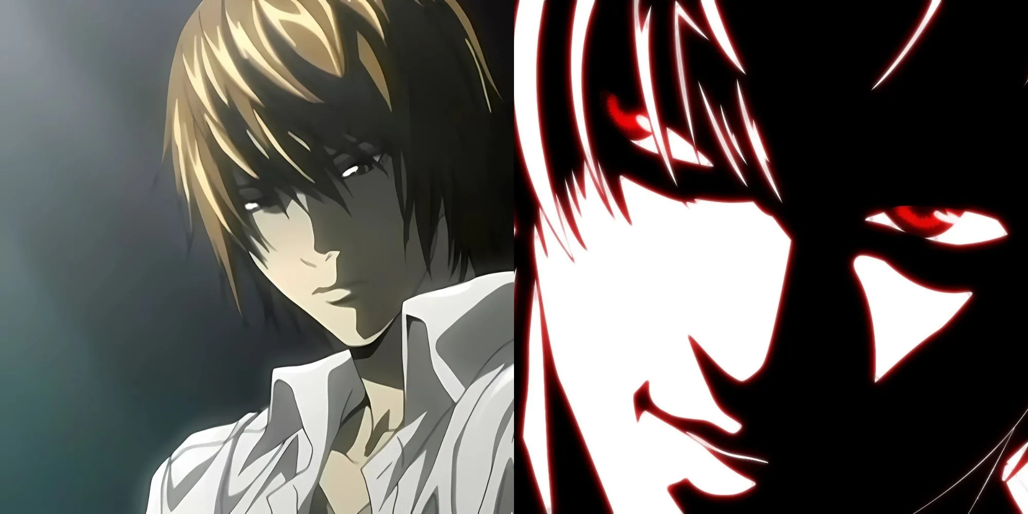 Light Yagami trong Death Note với vẻ mặt tự tin nhưng chứa đựng sự điên rồ, tay cầm Death Note biểu tượng