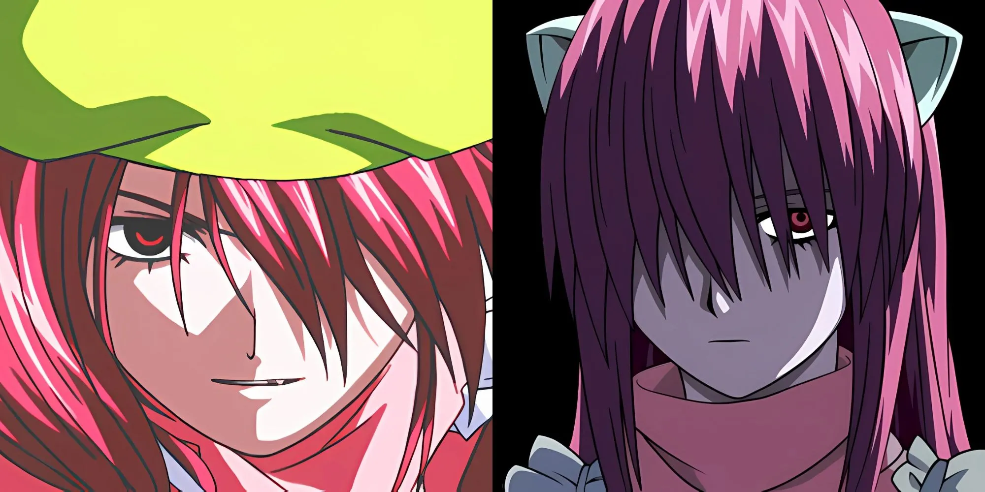 Lucy hay Kaede trong Elfen Lied với mái tóc hồng và cặp sừng, ánh mắt thể hiện nỗi đau và sự tàn bạo