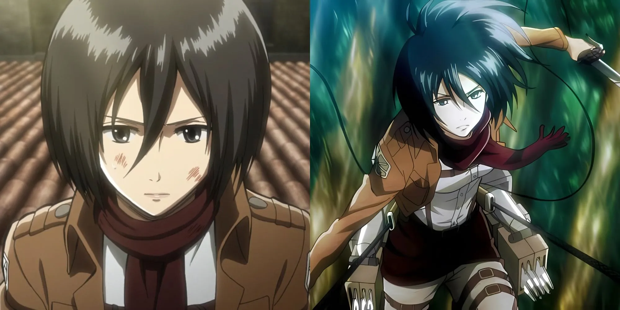 Mikasa Ackerman từ Attack on Titan sử dụng bộ cơ động với ánh mắt kiên định
