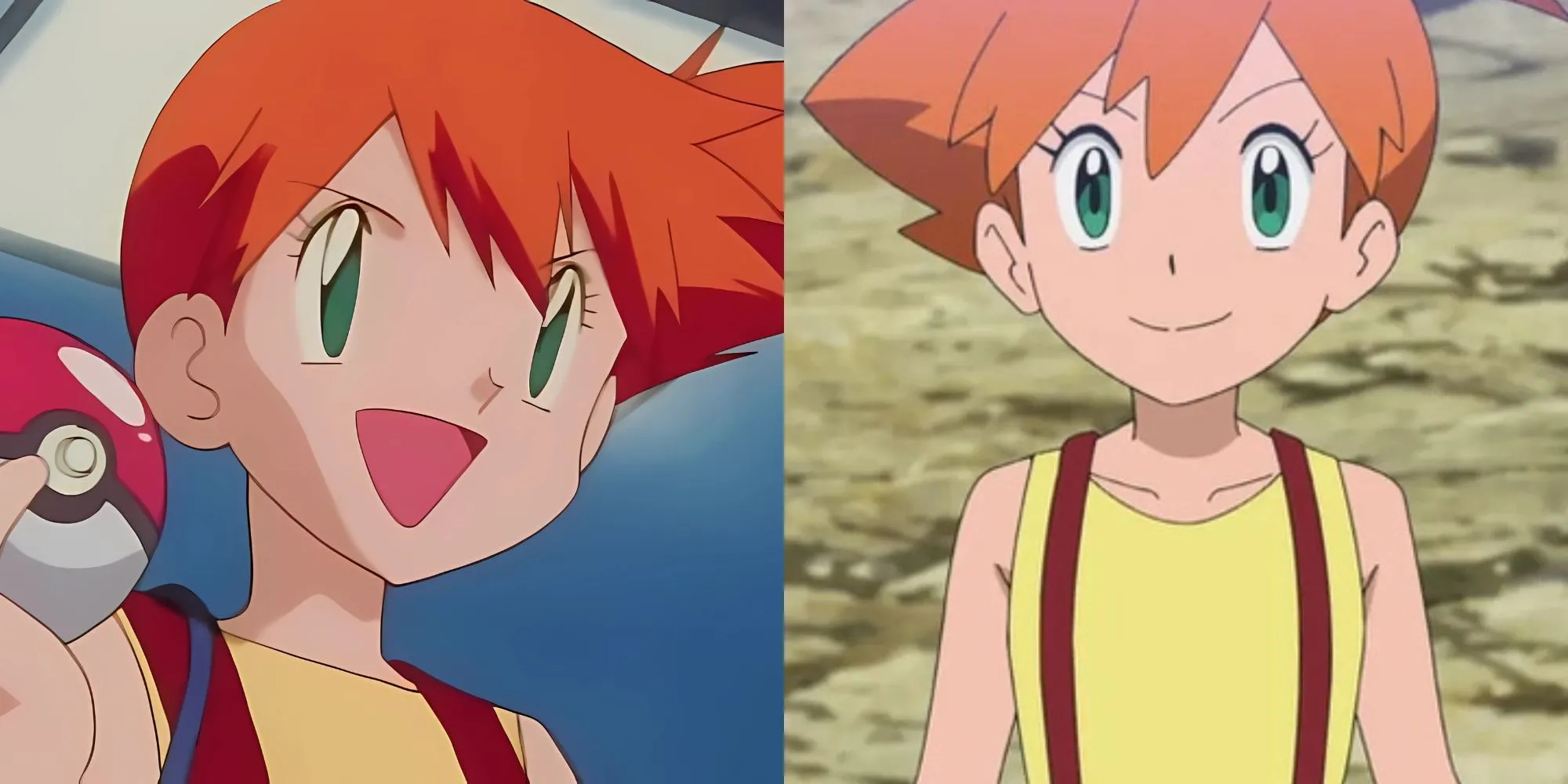 Misty (Kasumi) trong Pokémon với quần yếm cam và mái tóc buộc lệch
