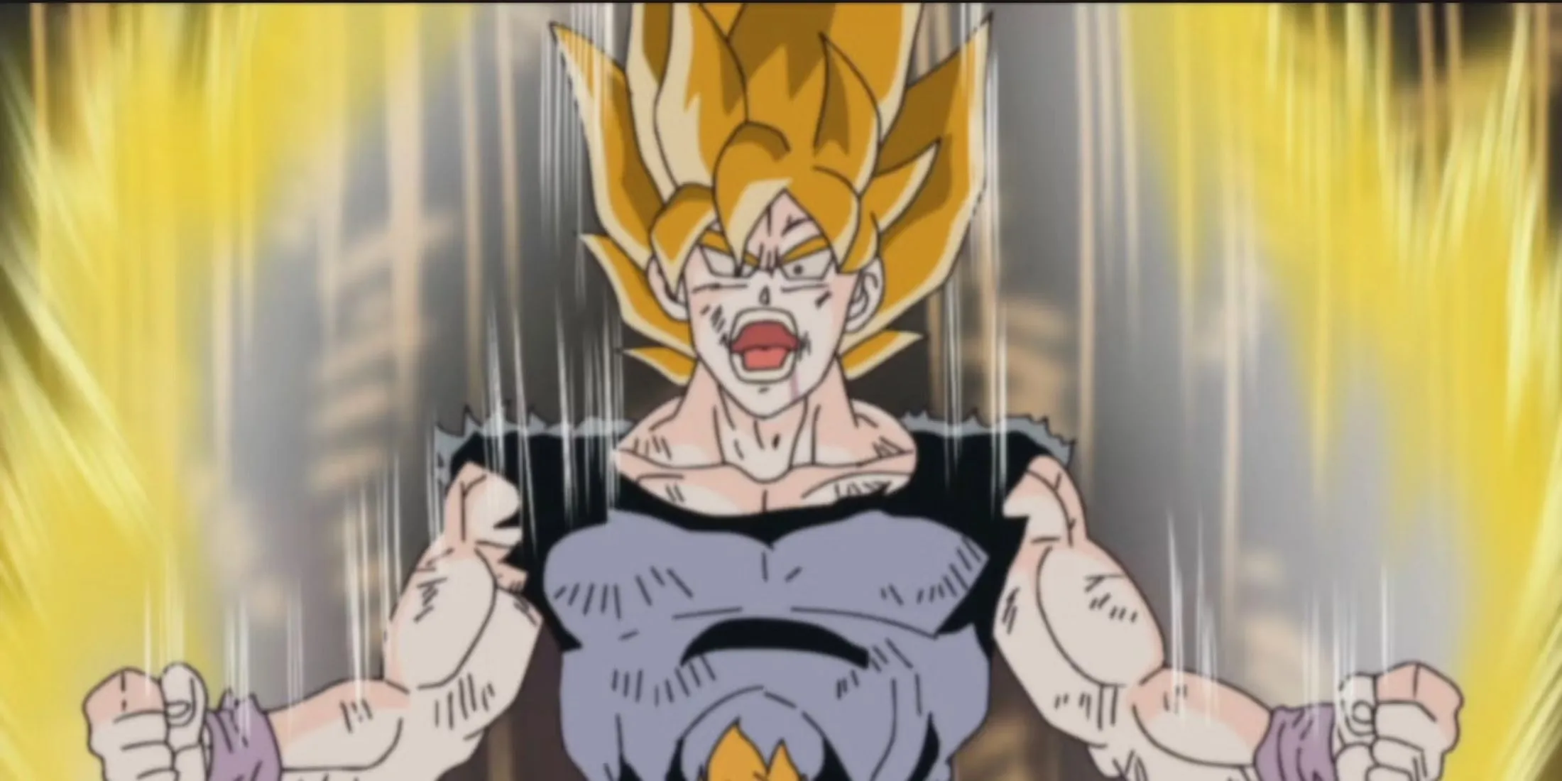 Mô tả cận cảnh khuôn mặt Goku trong trạng thái Super Saiyan trên hành tinh Namek trong Dragon Ball Z