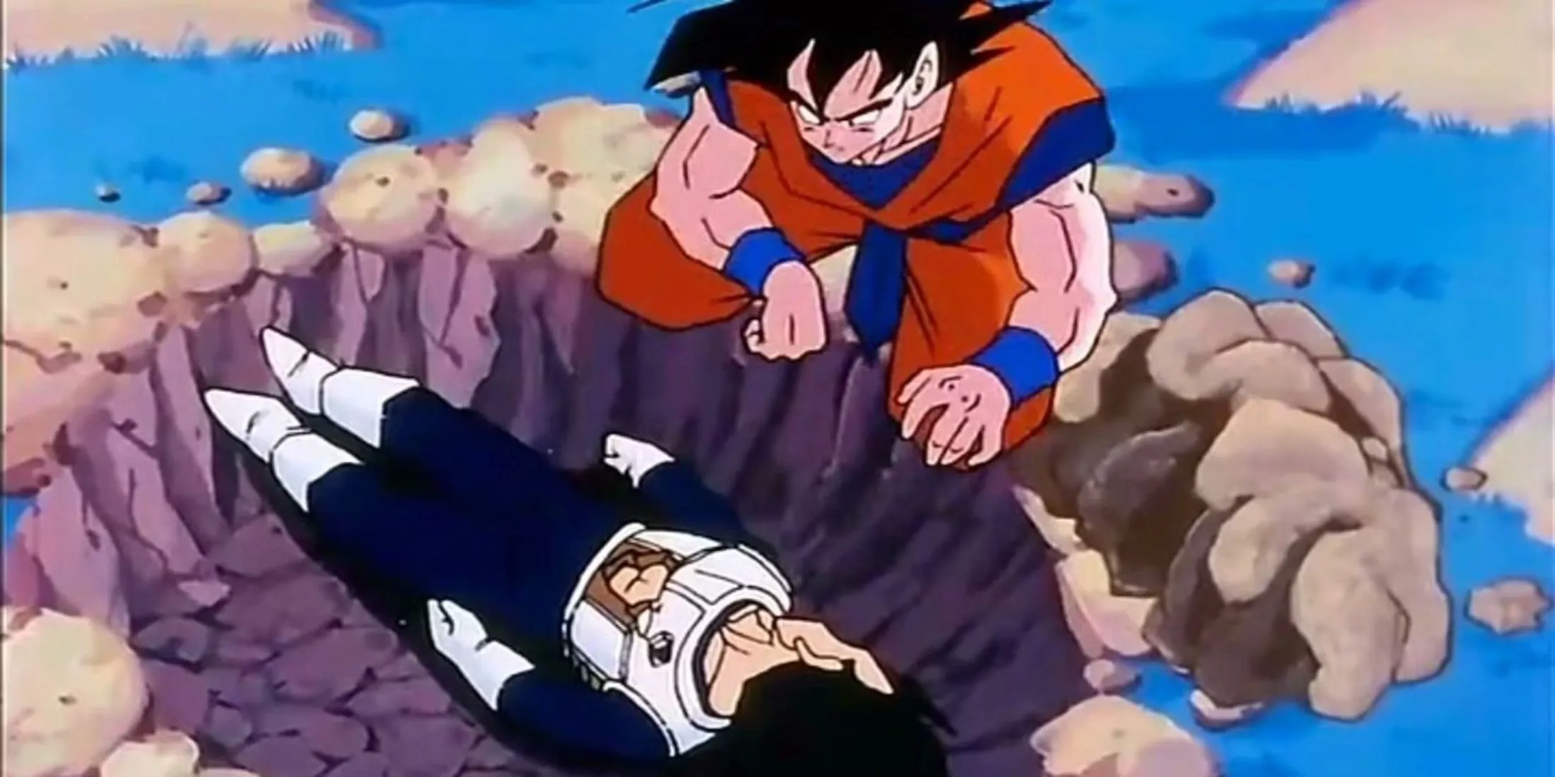 Mô tả cảnh Goku chôn cất Vegeta sau khi bị Frieza giết trên hành tinh Namek trong Dragon Ball Z