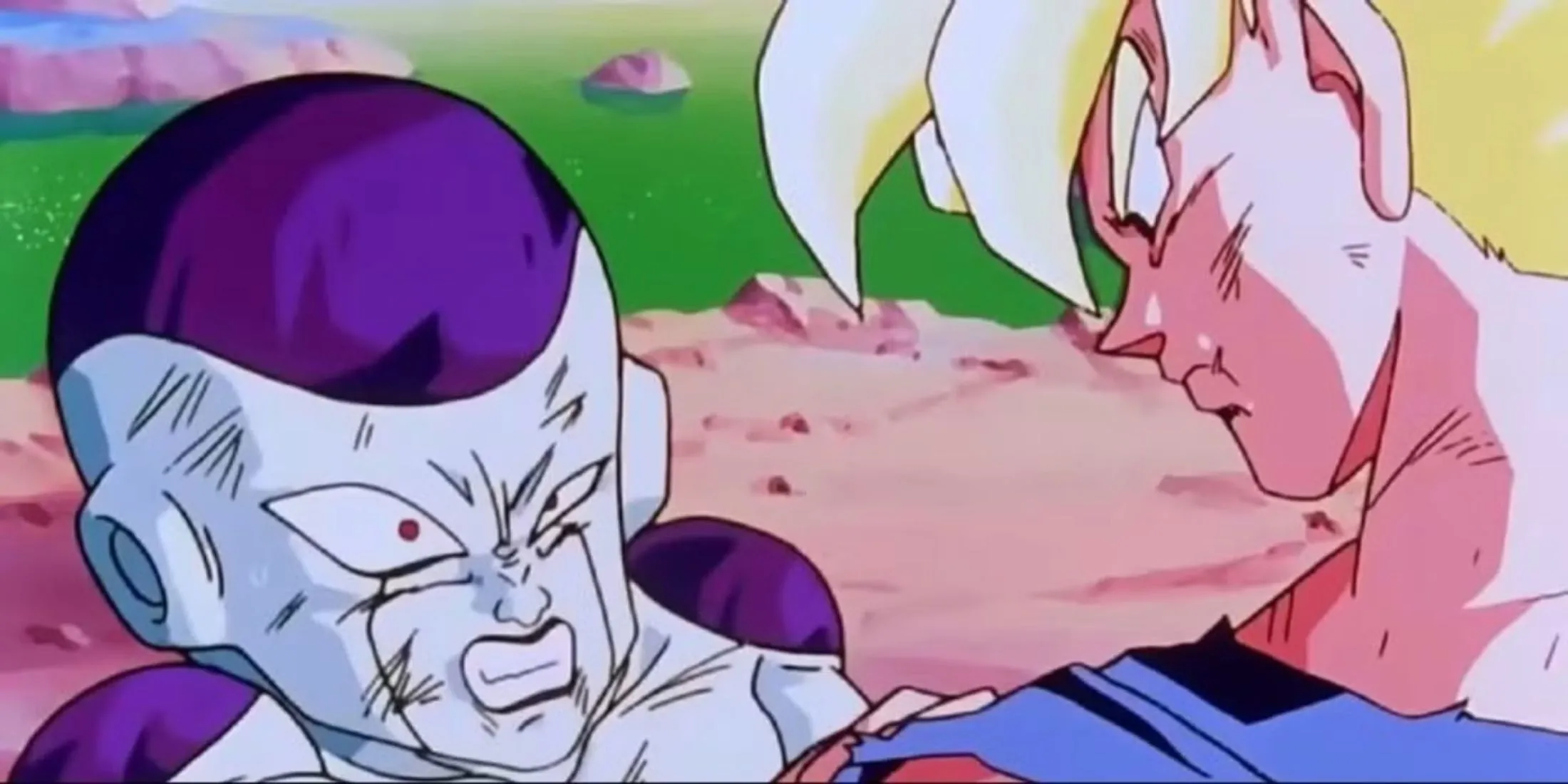 Mô tả cảnh Goku lần đầu biến hình Super Saiyan chiến đấu với Frieza trên hành tinh Namek trong Dragon Ball Z