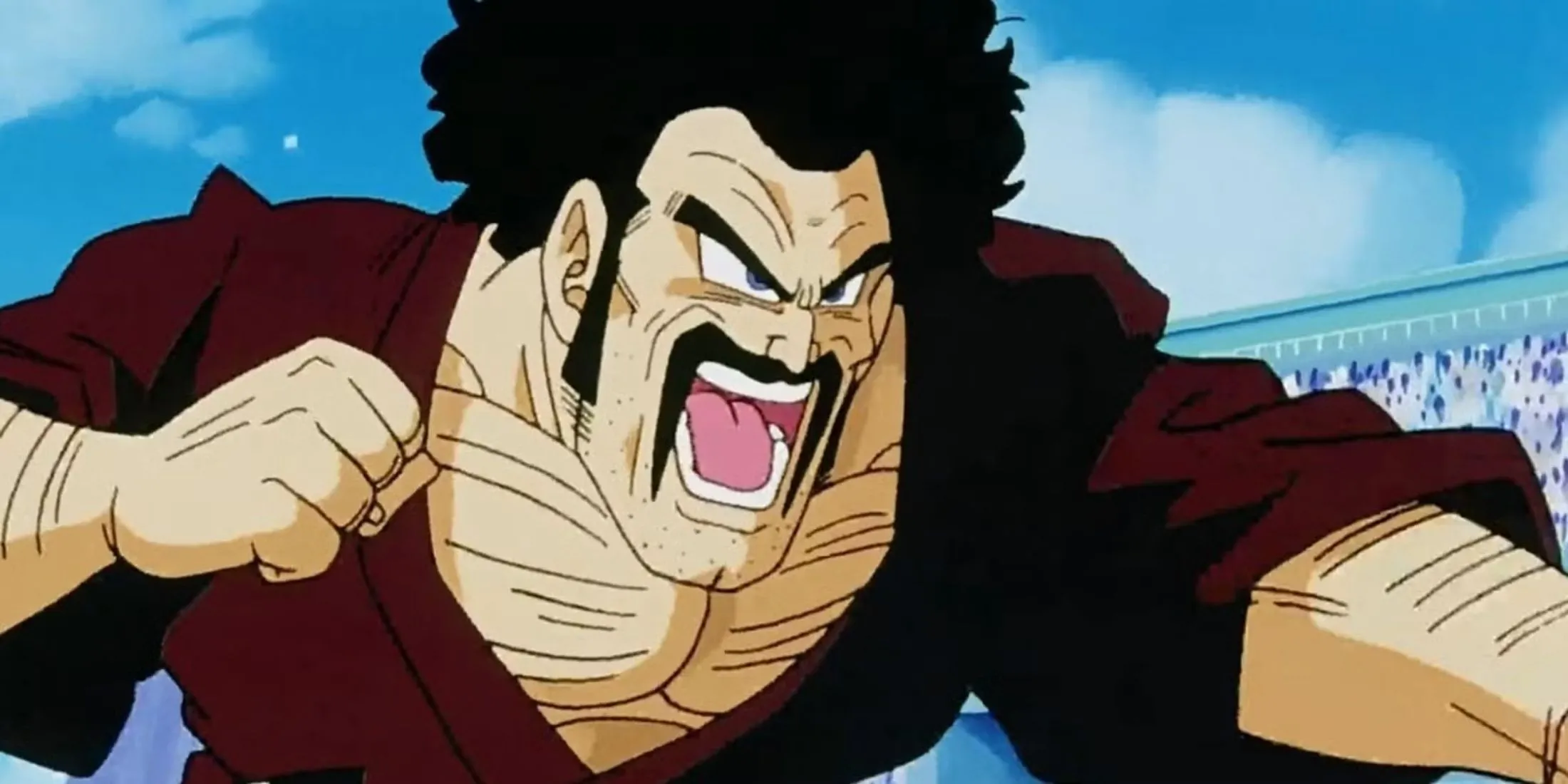 Mr. Satan trong bộ trang phục võ sĩ, thể hiện sự tự mãn và hoang tưởng về sức mạnh