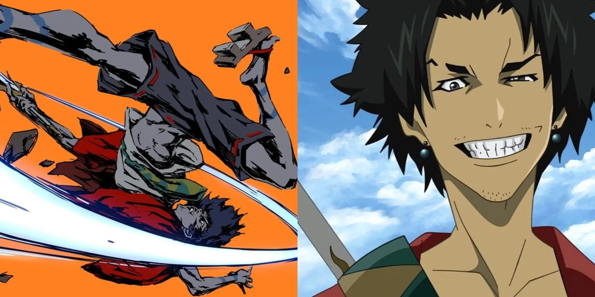 Mugen và Jin đối đầu trong cảnh chiến đấu bằng kiếm của anime Samurai Champloo.