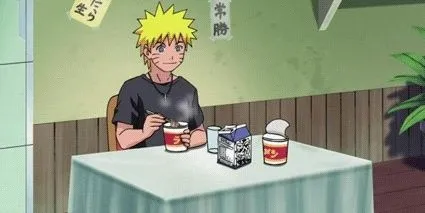 Naruto ngồi ăn mì ramen một mình, thể hiện sự cô lập và nỗi buồn