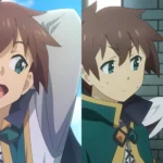 Nhân vật chính Kazuma, Aqua, Megumin và Darkness trong KonoSuba mùa đầu tiên.