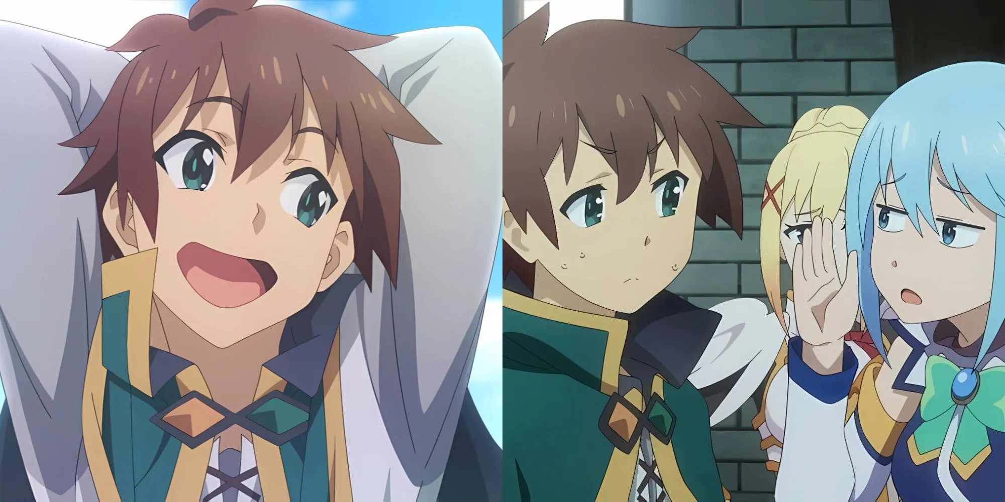 Nhân vật chính Kazuma, Aqua, Megumin và Darkness trong KonoSuba mùa đầu tiên.