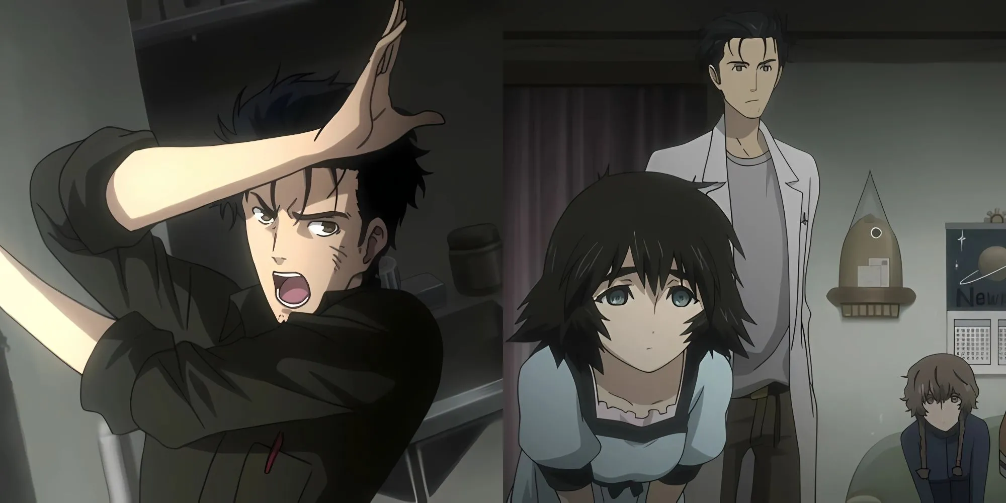 Nhân vật chính Okabe Rintaro và các thành viên của Phòng Thí Nghiệm Phát Minh Tương Lai trong anime Steins;Gate