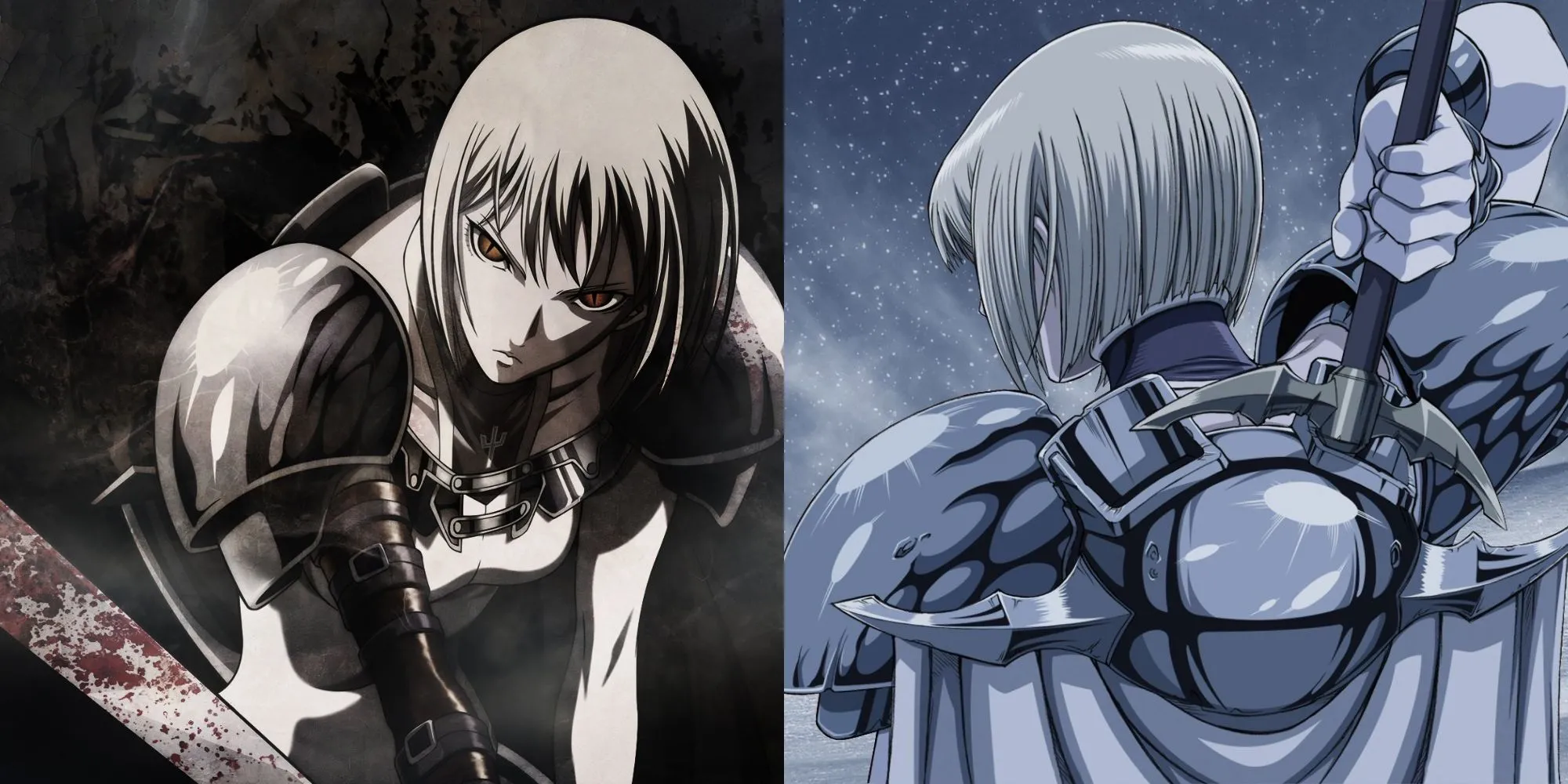 Nhân vật Clare trong anime Claymore, tay cầm thanh đại kiếm đặc trưng, chuẩn bị chiến đấu.