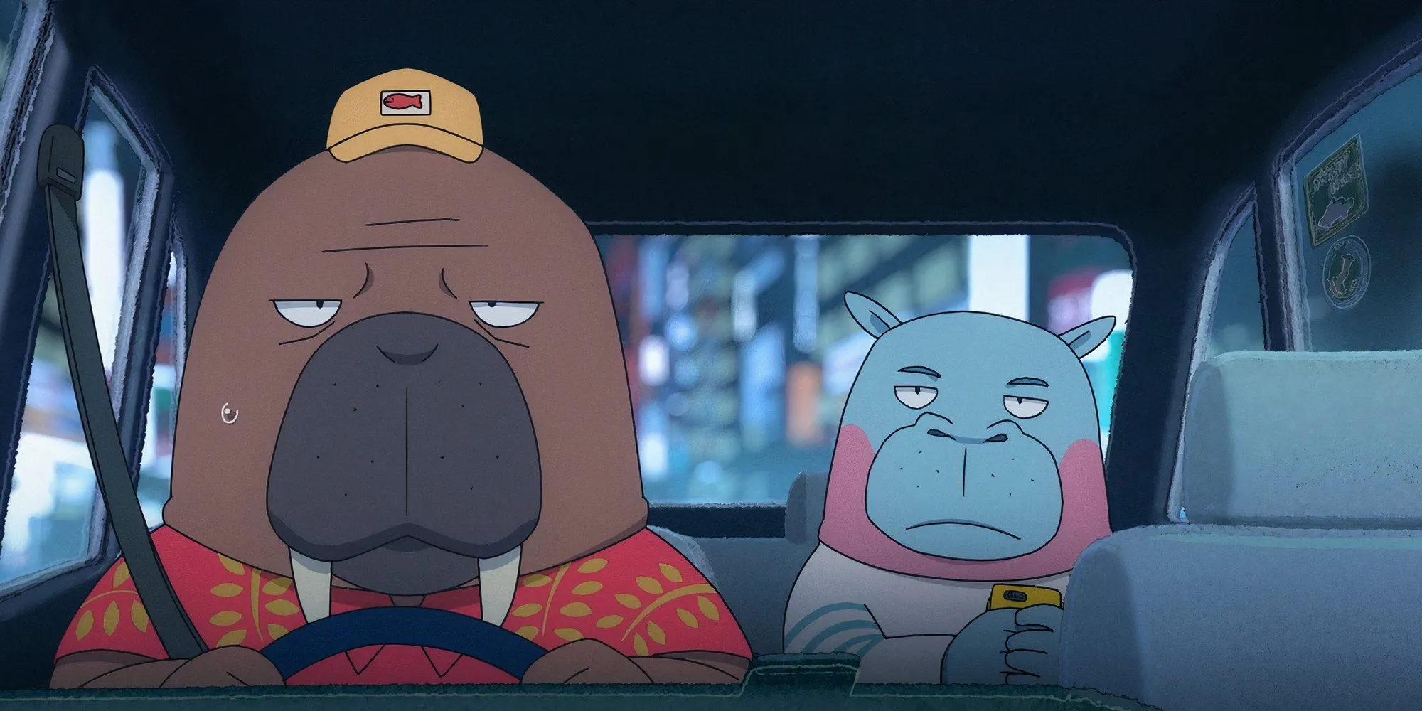 Nhân vật Odokawa và hành khách trong anime Odd Taxi, bộ phim bí ẩn độc đáo