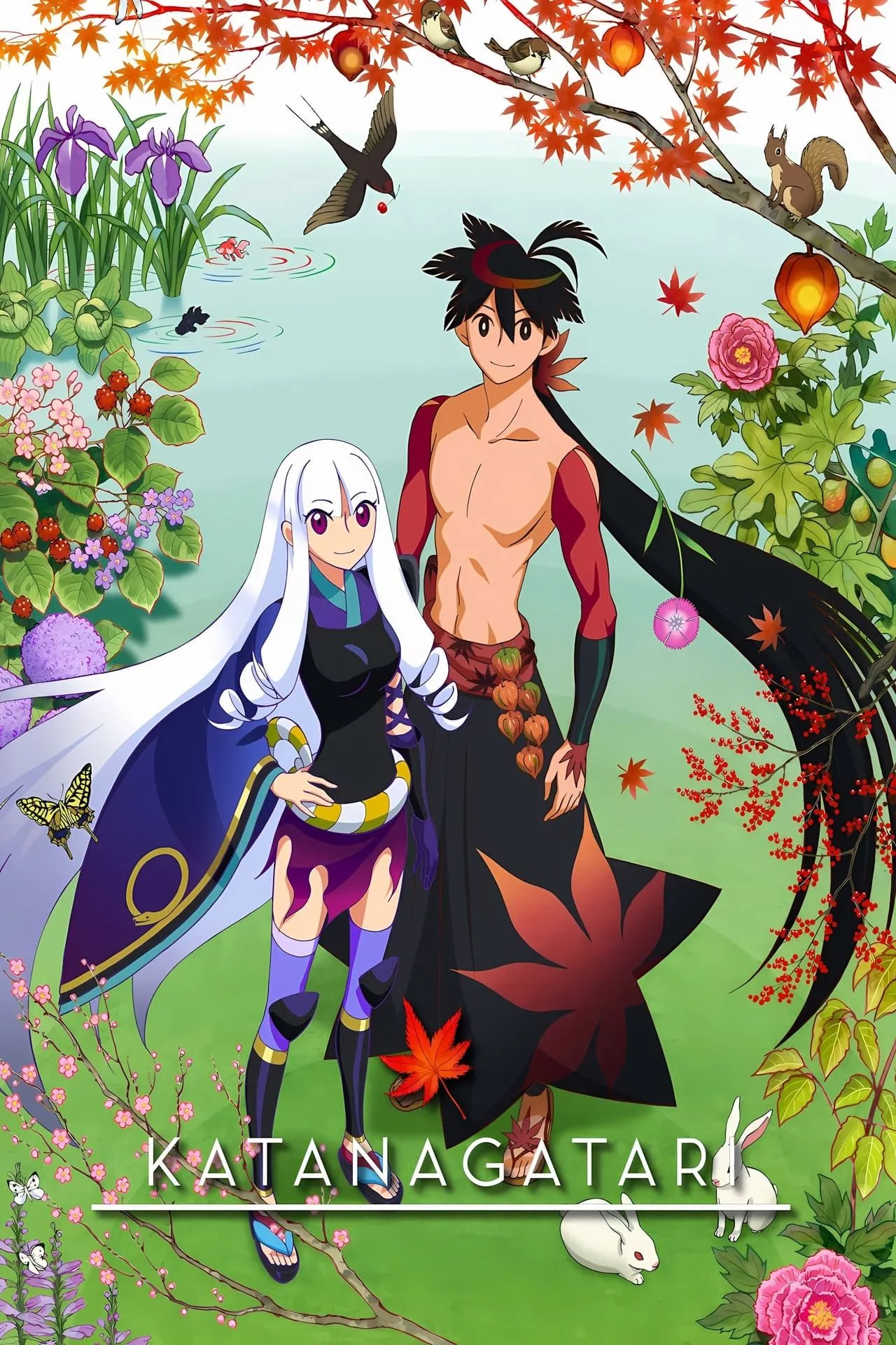 Nhân vật Shichika Yasuri và Togame trong anime Katanagatari, với phong cách nghệ thuật độc đáo.