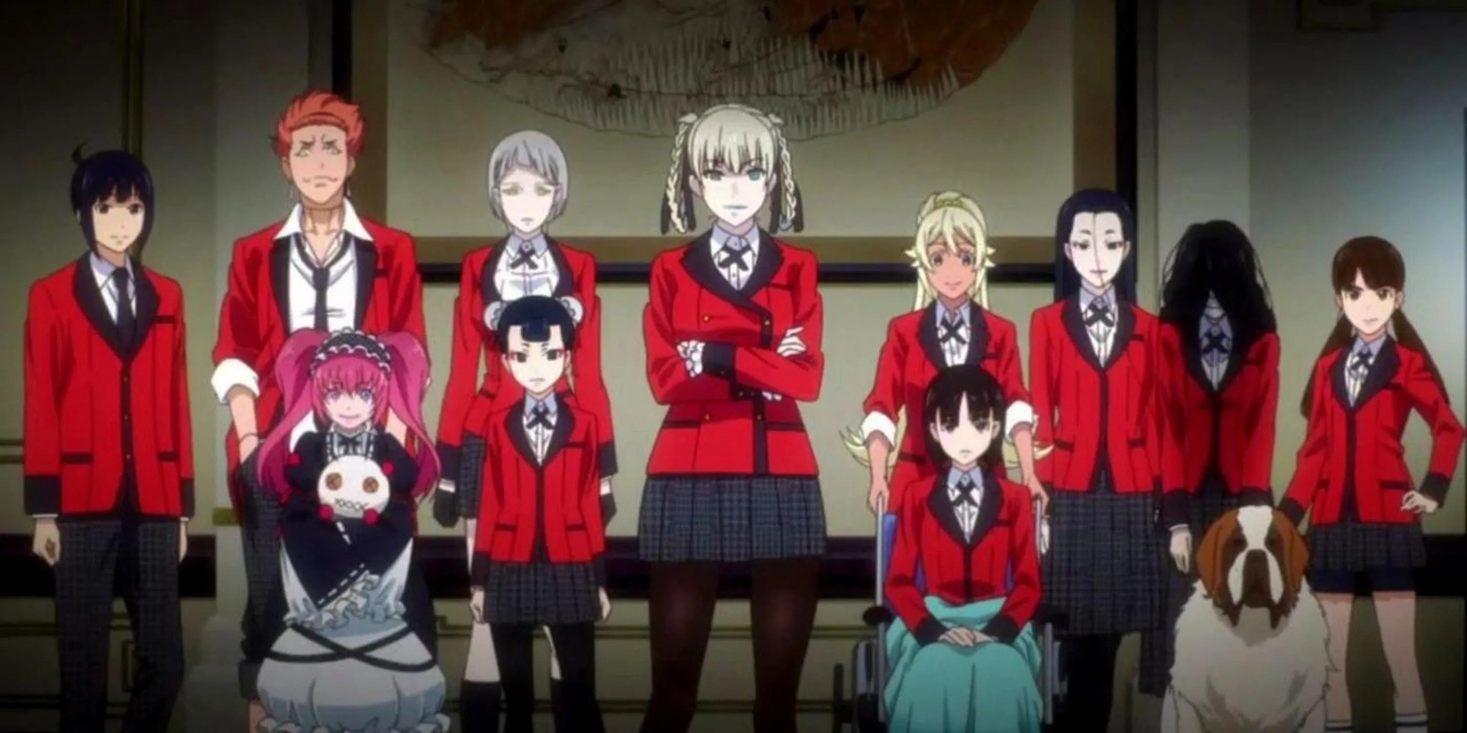 Nhân vật Yumeko Jabami với biểu cảm phấn khích khi tham gia trò chơi cờ bạc căng thẳng trong anime Kakegurui.