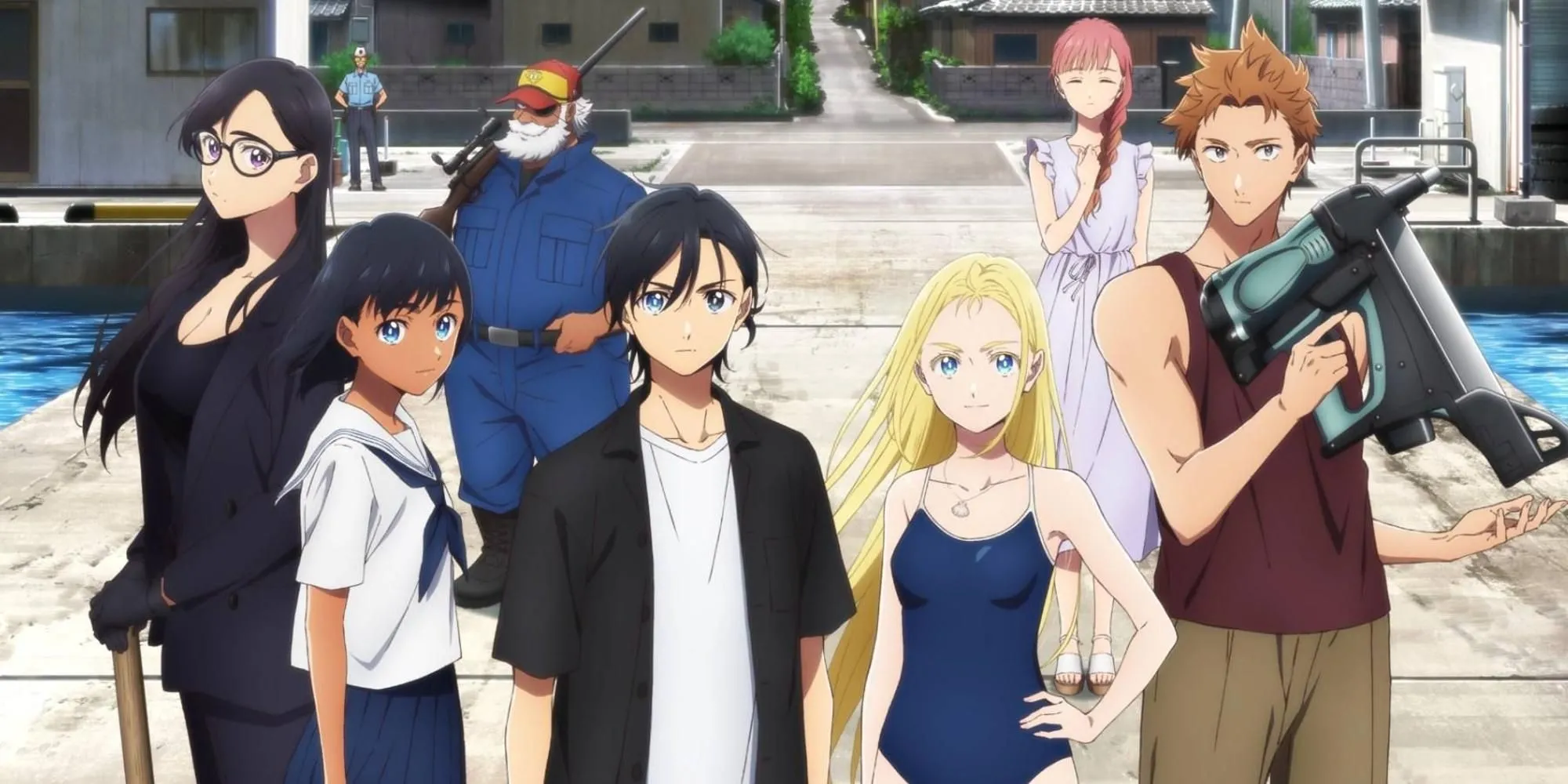 Shinpei Ajiro và các nhân vật khác đối mặt với bí ẩn trên hòn đảo trong anime Summer Time Rendering.