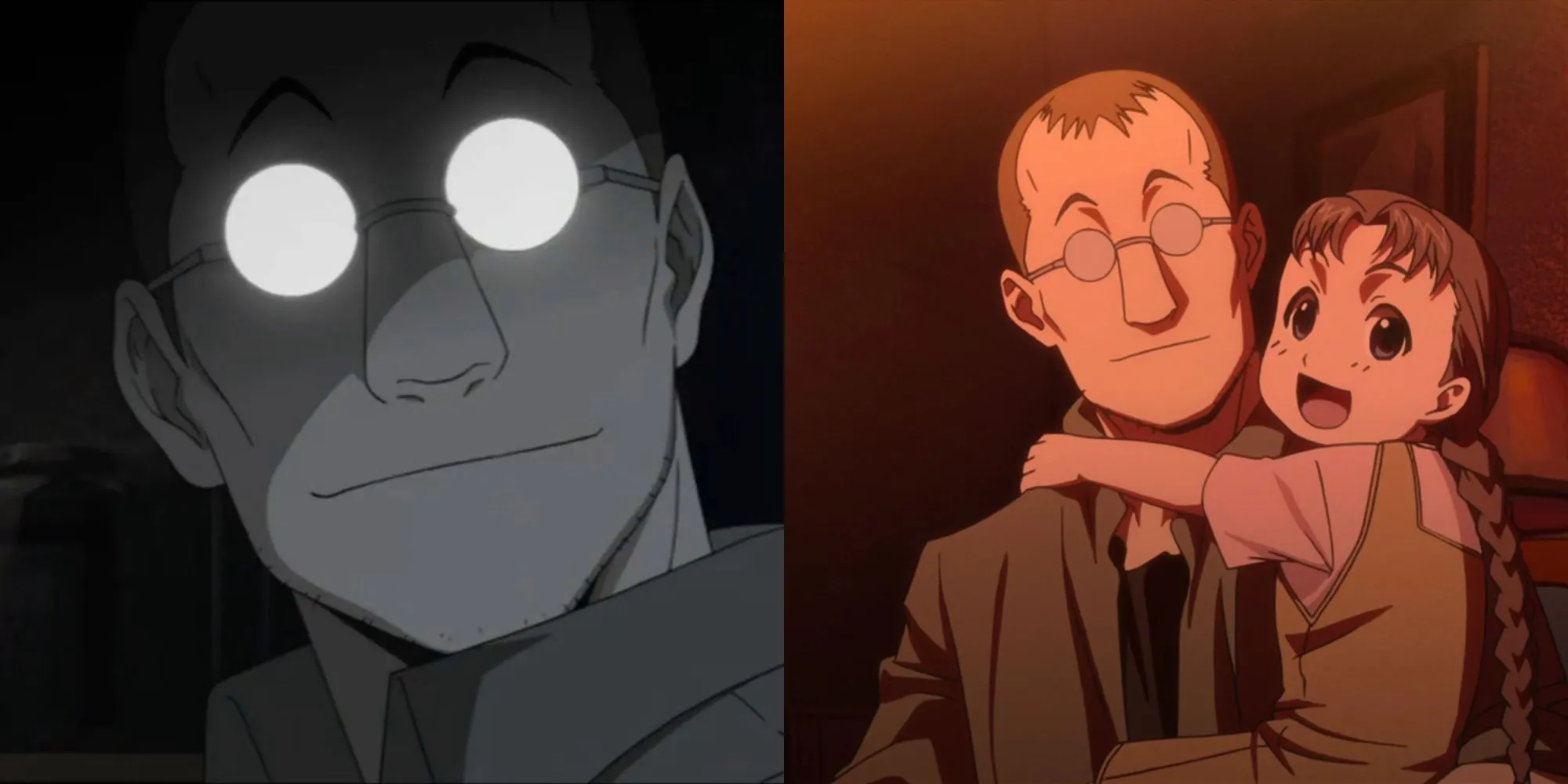 Shou Tucker trong Fullmetal Alchemist Brotherhood với vẻ mặt suy tư, đại diện cho sự điên rồ vô cảm