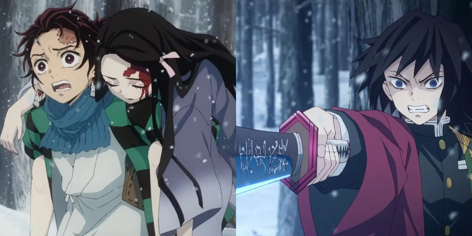 Tanjiro Kamado che chắn cho em gái Nezuko đang biến đổi giữa trời tuyết trong tập đầu Demon Slayer