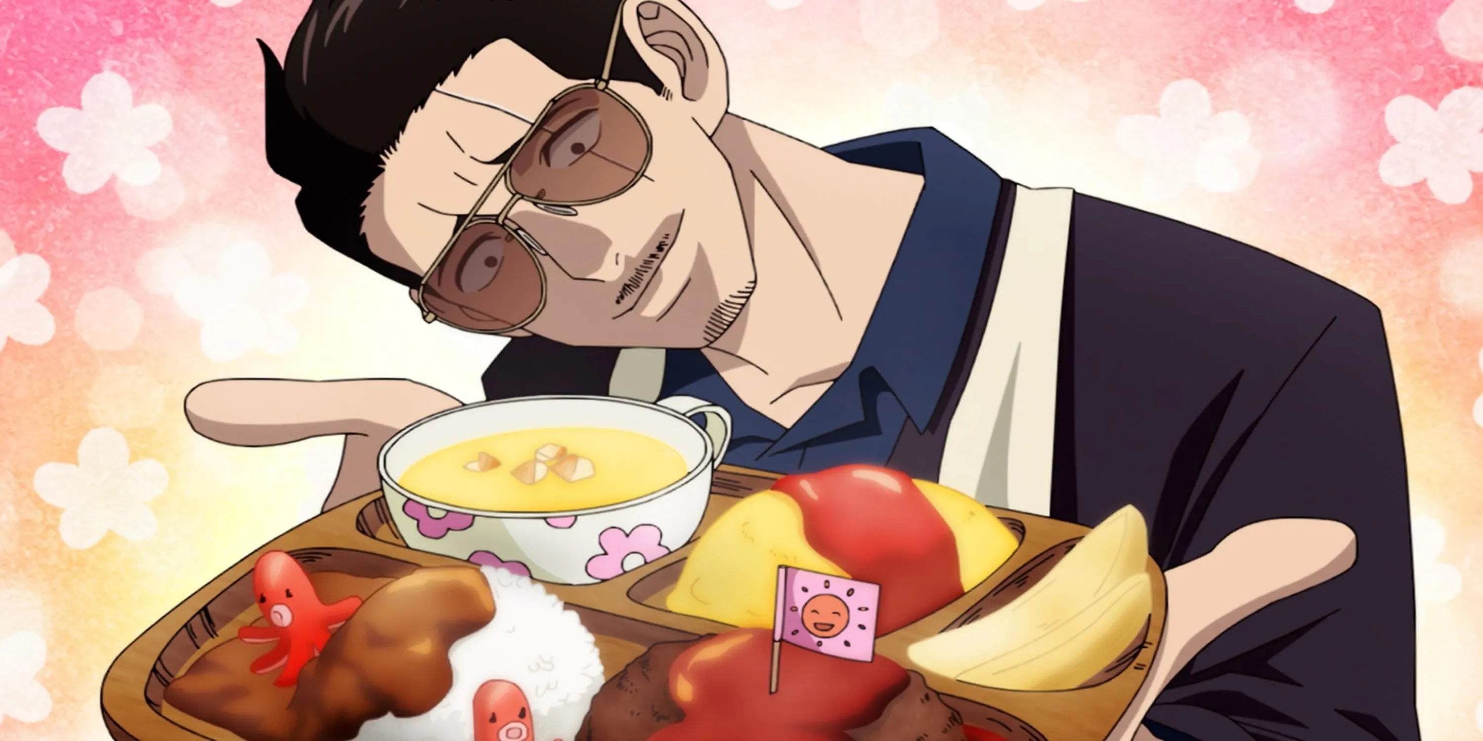 Tatsu trong The Way of the Househusband anime đang làm việc nhà với vẻ mặt nghiêm túc