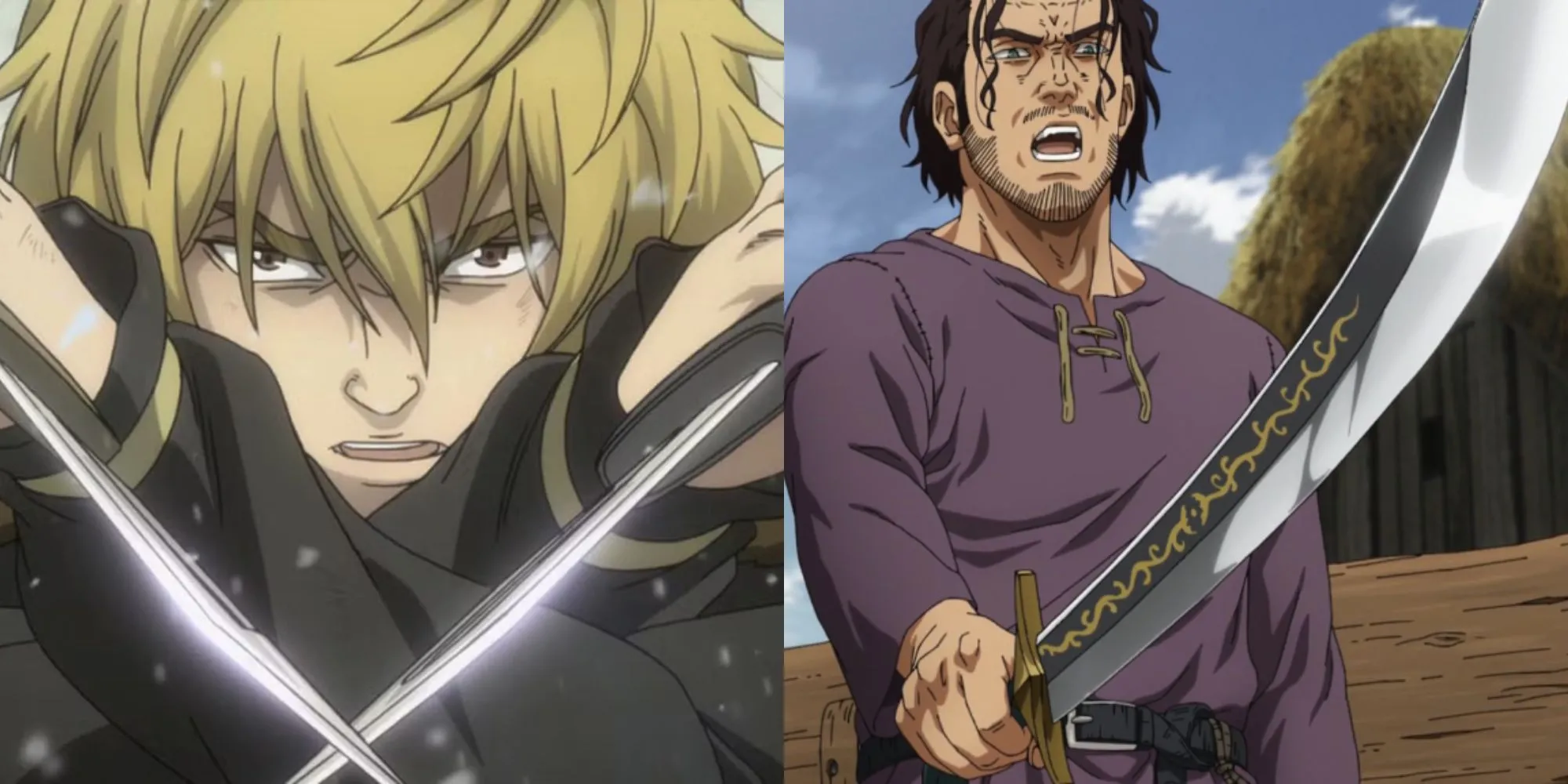 Thorfinn chiến đấu bằng hai con dao găm trong bối cảnh tuyết trắng của anime Vinland Saga.