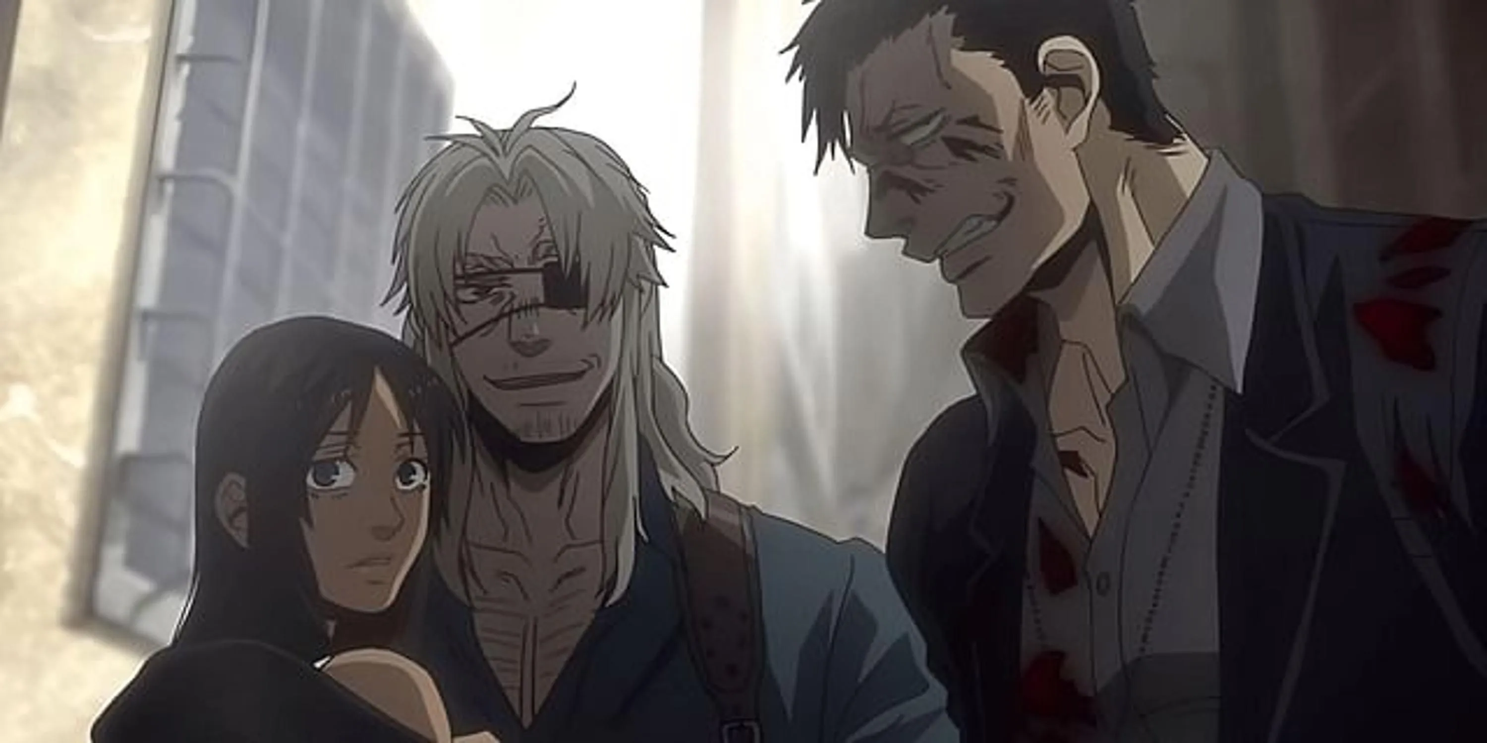 Worick và Nicolas, hai nhân vật chính của Gangsta anime, đứng giữa một con hẻm tối trong thành phố Ergastalum