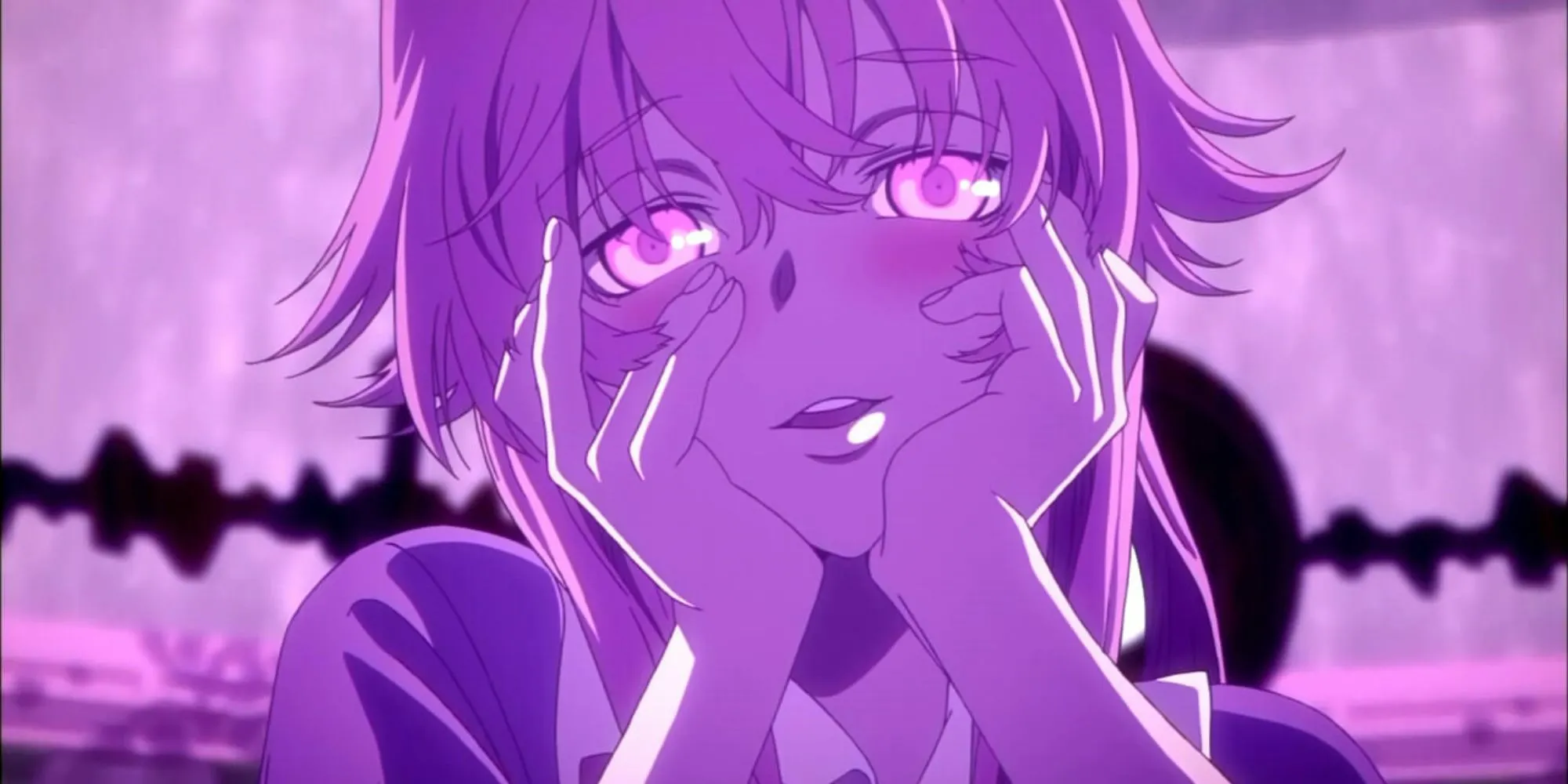Yuno Gasai trong anime Future Diary đang giữ lấy khuôn mặt