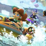 Daisy trong Mario Kart World đang đua trên đường đua cổ điển