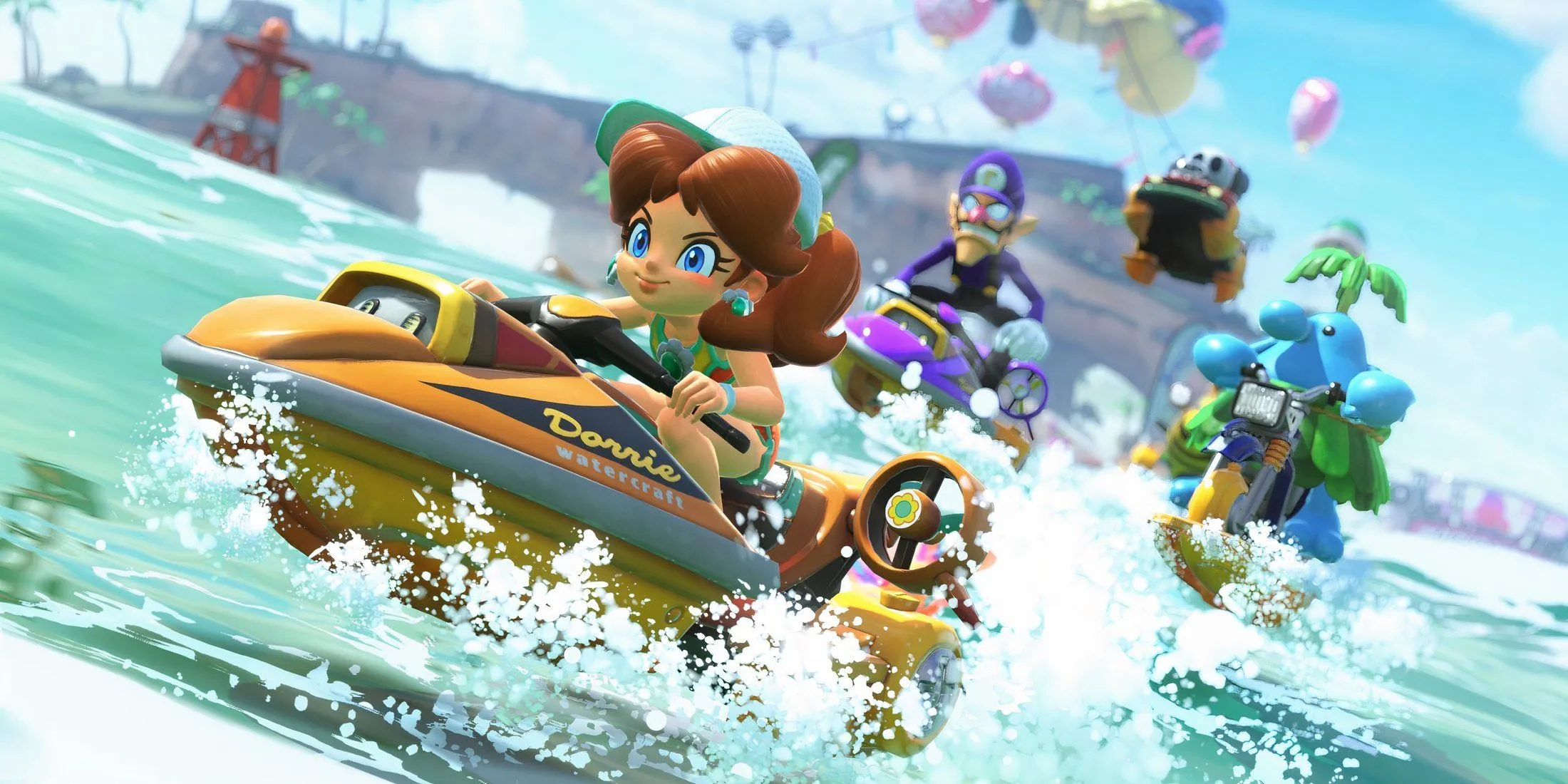 Daisy trong Mario Kart World đang đua trên đường đua cổ điển