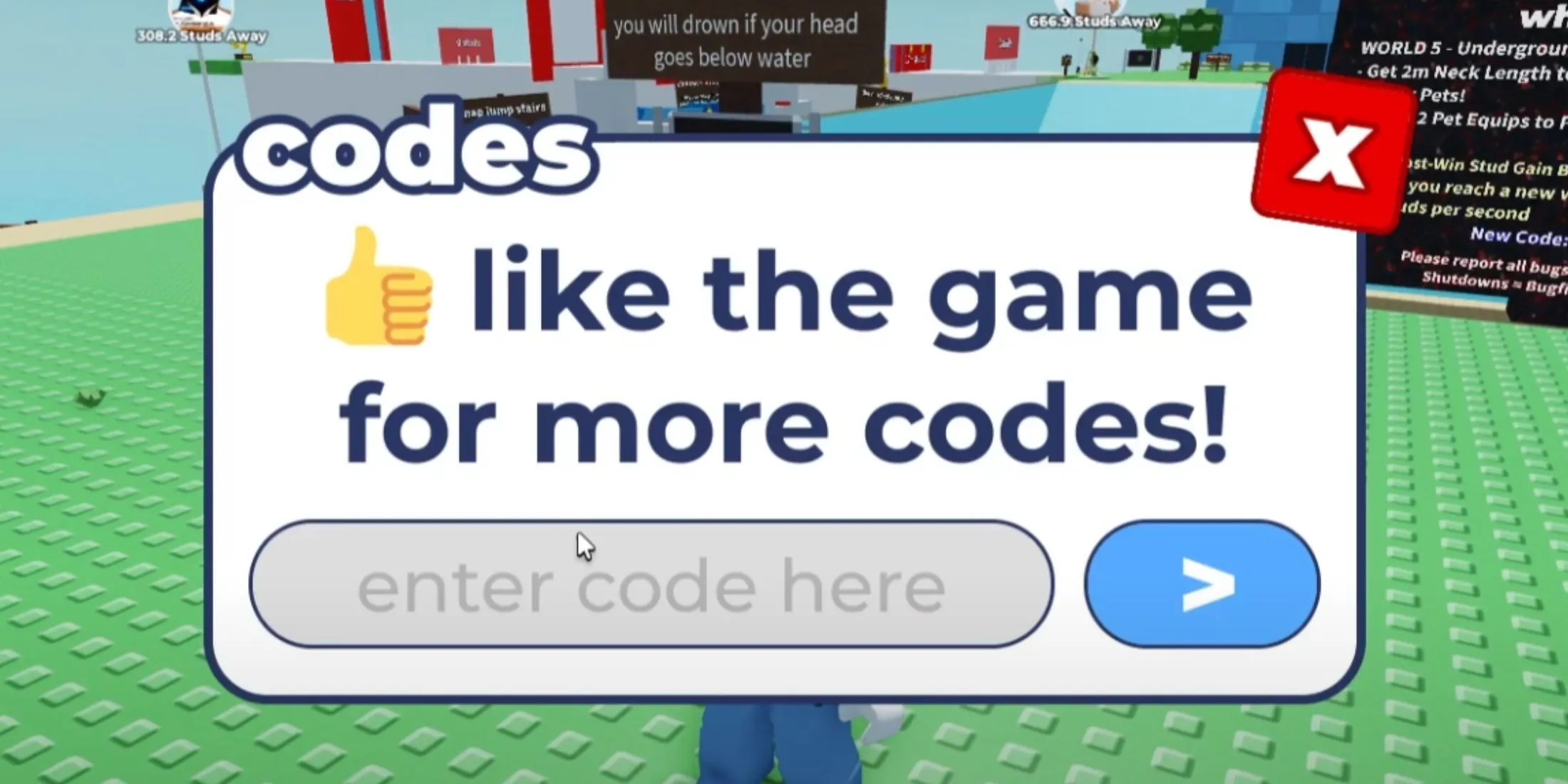 Giao diện nhập mã code trong game Every Second Your Neck Grows trên nền tảng Roblox